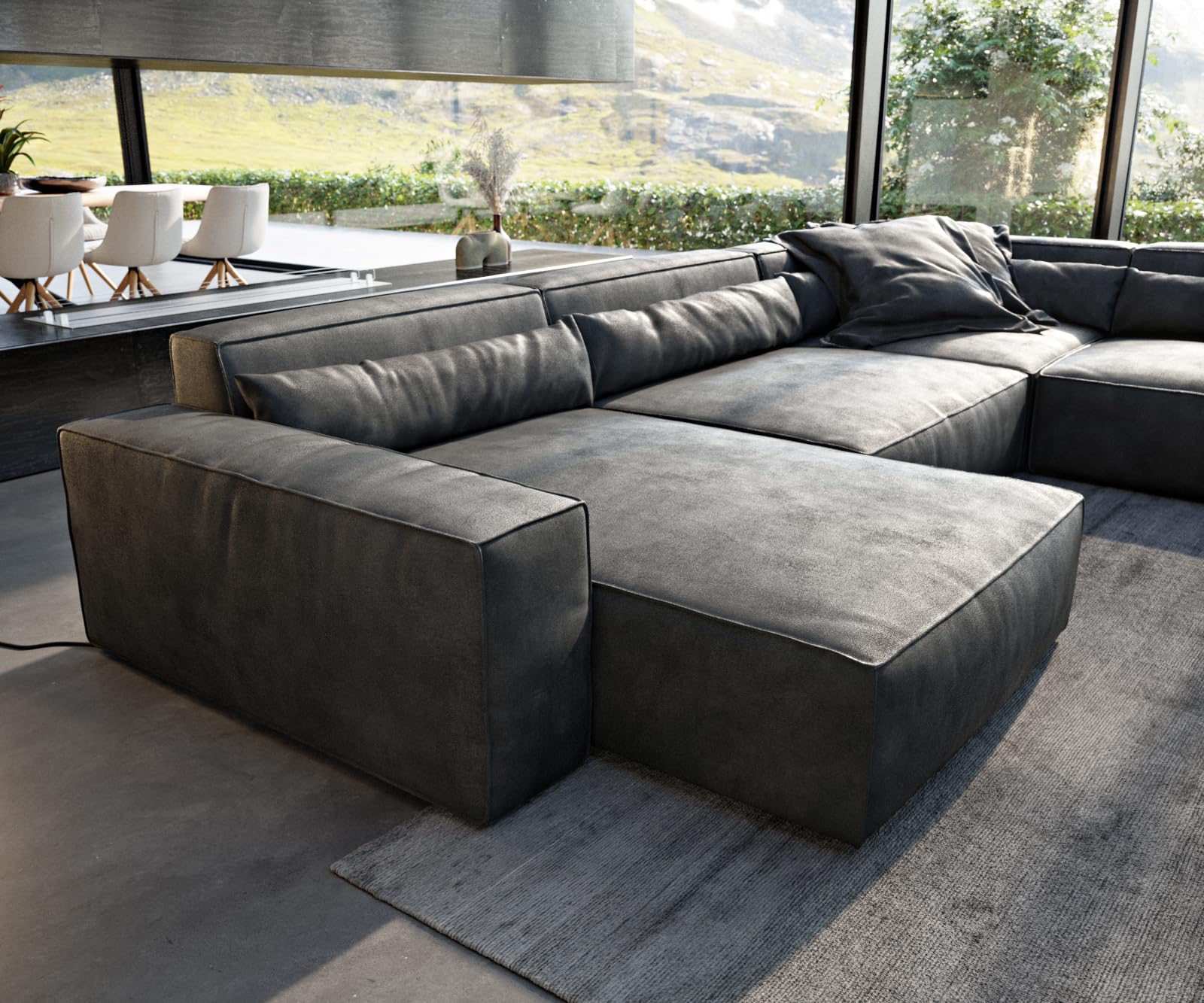 DELIFE Wohnlandschaft Sirpio XL Lederimitat Vintage Anthrazit 360x260 cm Recamiere variabel