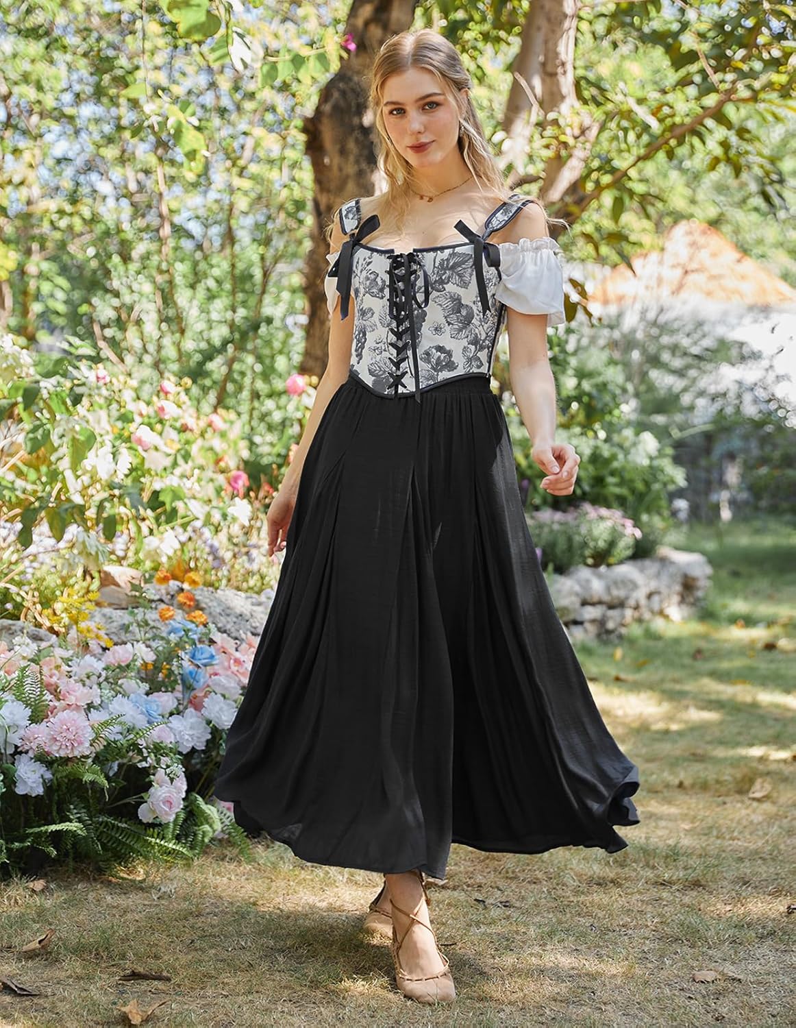 Scarlet Darkness Maxi Skirts for Women Long Flowy Boho Renaissance Skirt with Pockets - Image 3