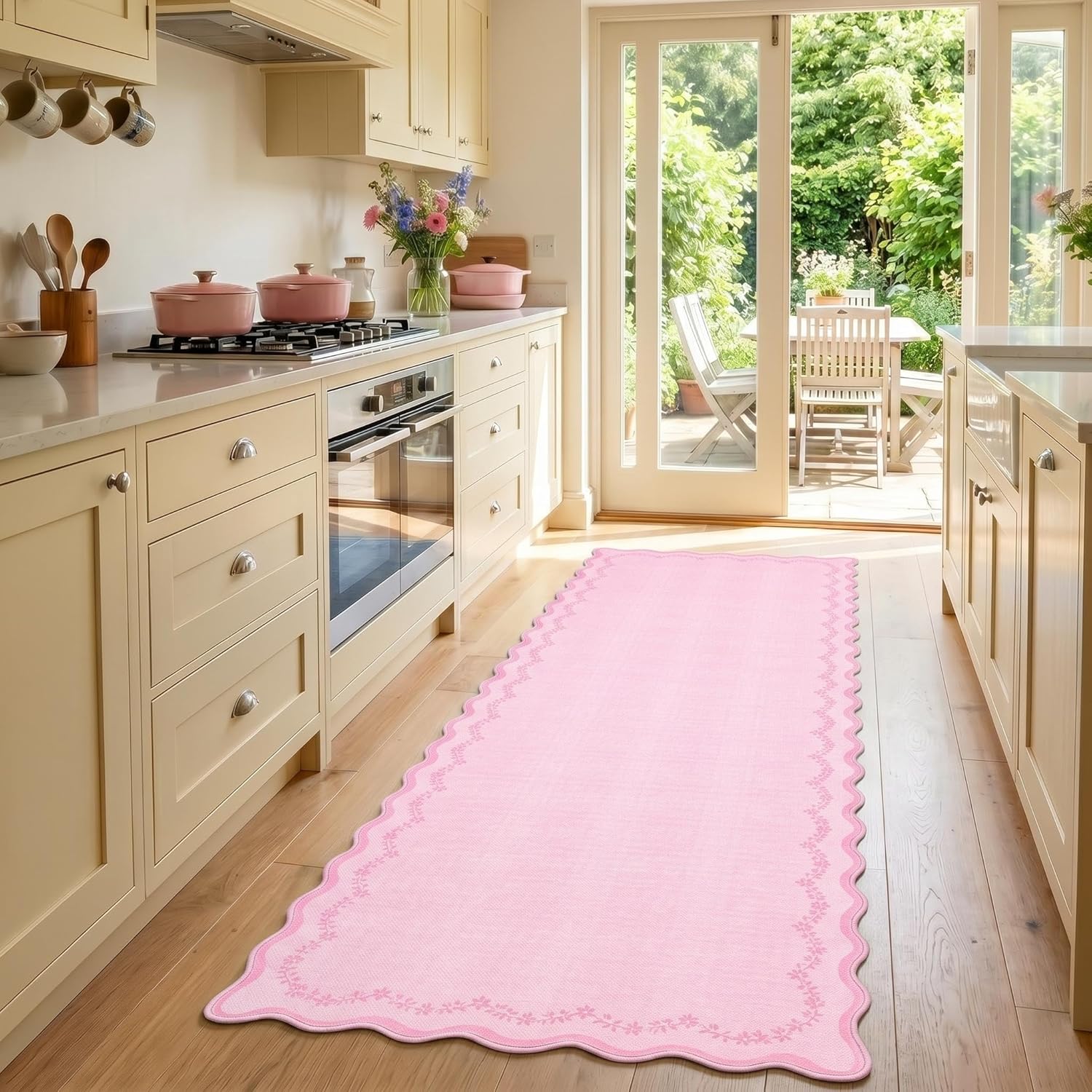GarveeHome 2x6 Scalloped Washable Runner Rug for Girls Bedroom, Soft Pink Hallway Runner Non Slip Entryway Rug Farmhouse Thin Laundry Mat Stain Resistant Carpet for Kitchen Bathroom Rug