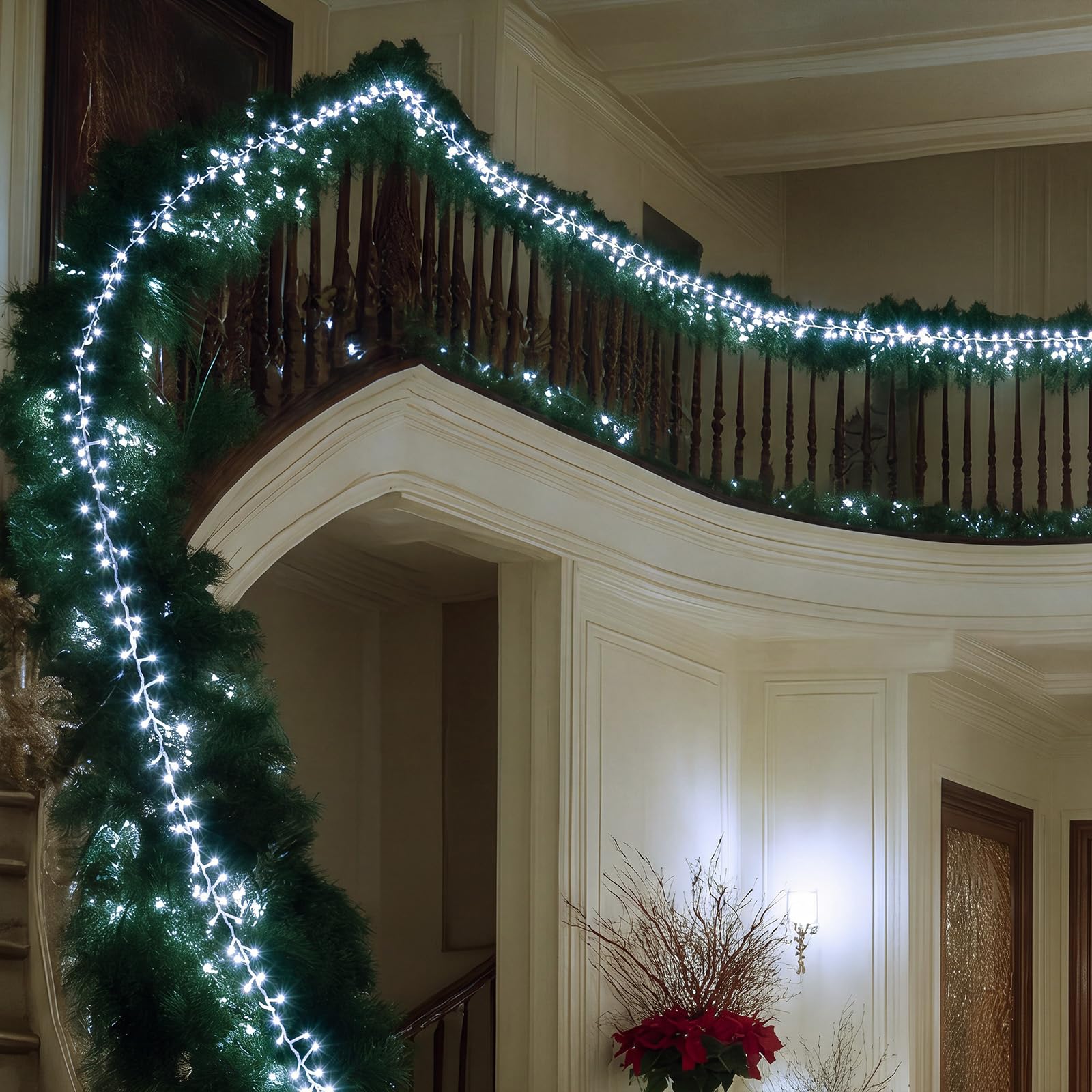 Mudder Guirlande lumineuse de sapin de Noël de 15 m avec anneau en fil métallique 300 LED 8 modes d'éclairage scintillant à piles pour sapin de Noël intérieur et extérieur (sans piles) (lumière