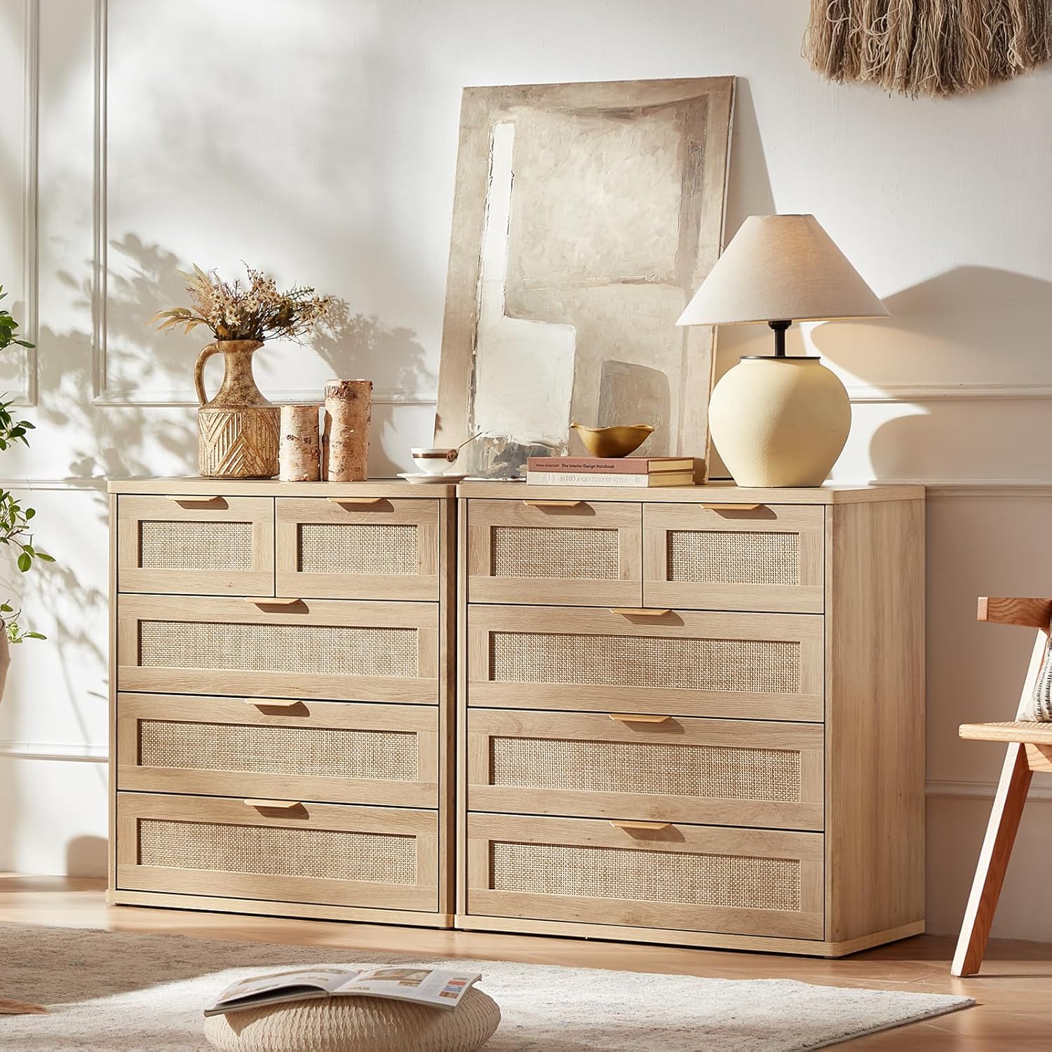 LEYAOYAO Rattan Dresser for Bedroom, 33.5" Tall Chest of Drawers, Modern 5 Drawers Boho Dressers with Storage, Light Oak Dresser Wooden Closet Organizer for Living Room, Hallway, Natural Wood 15.5"D x 31.5"W x 33.5"H (5 Drawers) Natural Wood 1