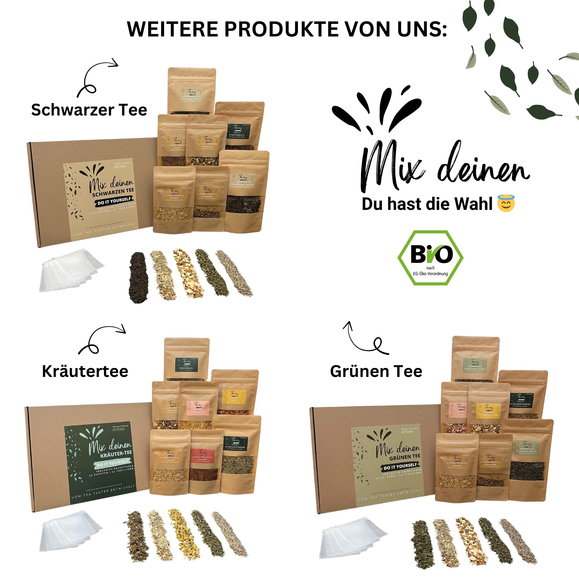 AETERIA® | Vom Tea Taster: BIO Mix deinen Kräutertee | Geschenkset – 12 Zutaten, Rezeptideen & Teefiltern | Kreatives Tee-Geschenk | DIY Teemischung selber machen Set - entdecke deinen Lieblingstee!
