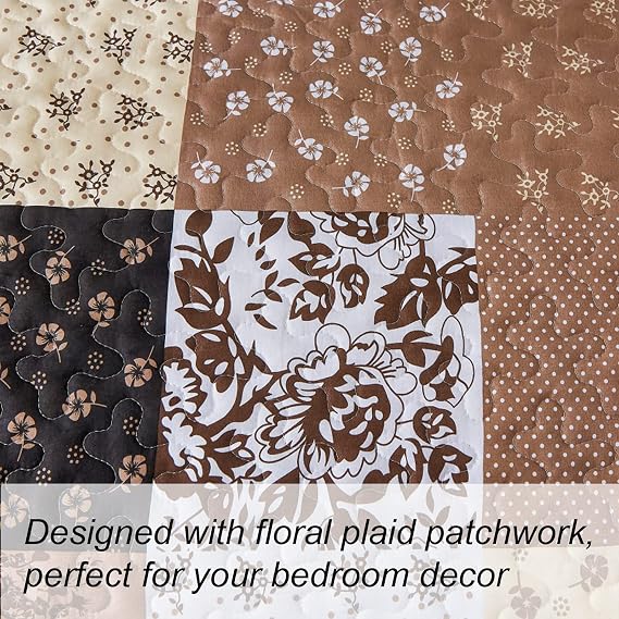 Mybedsoul Patchwork Quilt Set Queen Size,3 Pieces Brown Floral Plaid Patchwork Reversible Bedspread Coverlet Set for All Season,Summer Soft Microfiber Bedding Set Queen 90