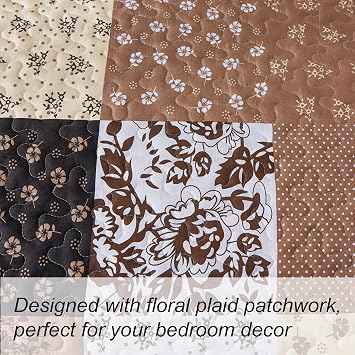 Mybedsoul Patchwork Quilt Set Queen Size,3 Pieces Brown Floral Plaid Patchwork Reversible Bedspread Coverlet Set for All Season,Summer Soft Microfiber Bedding Set Queen 90