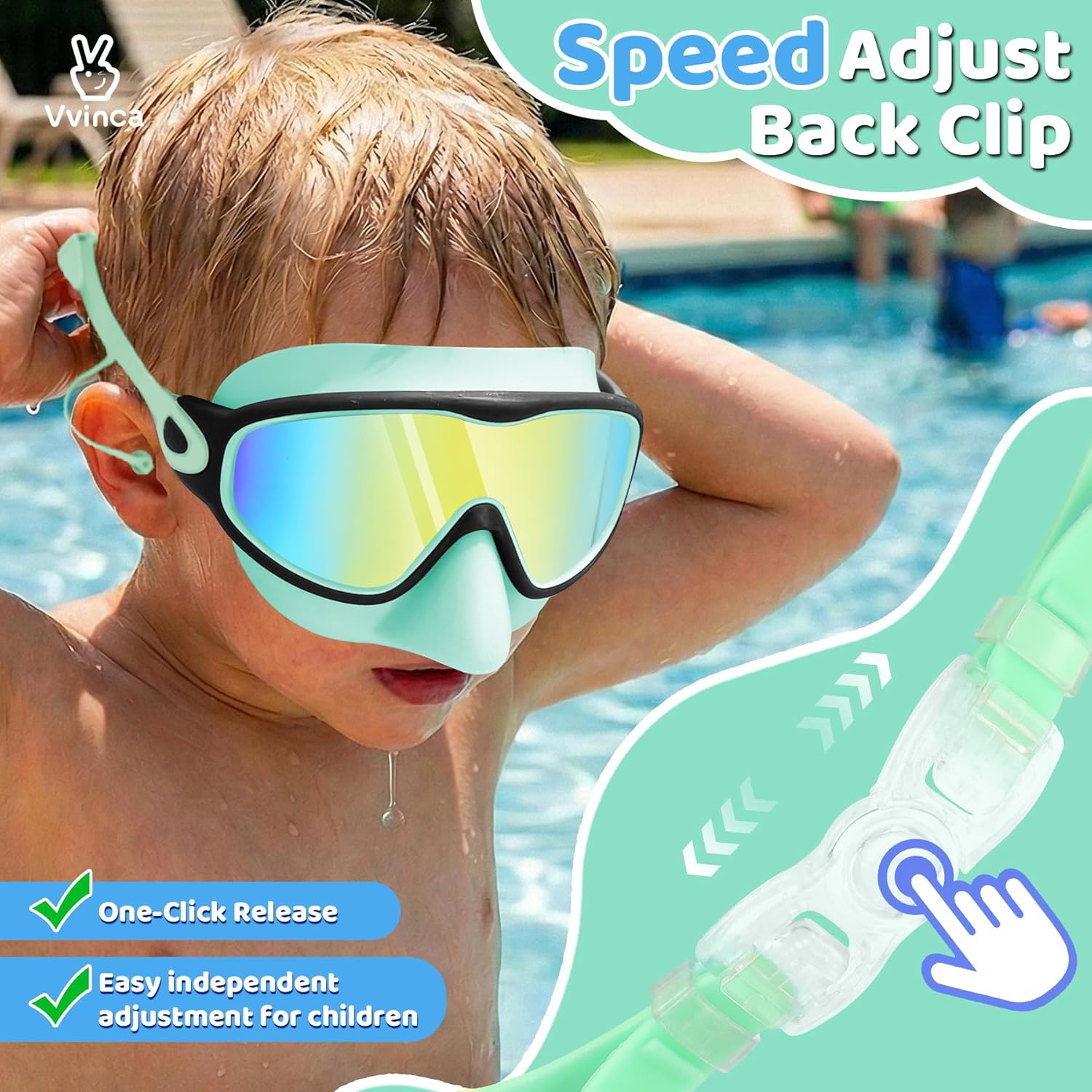 Vvinca Kids Swim Goggles with Nose Cover & Attached Earplugs, Anti-Fog Wide View Swimming Goggles for Boys Girls 3-12