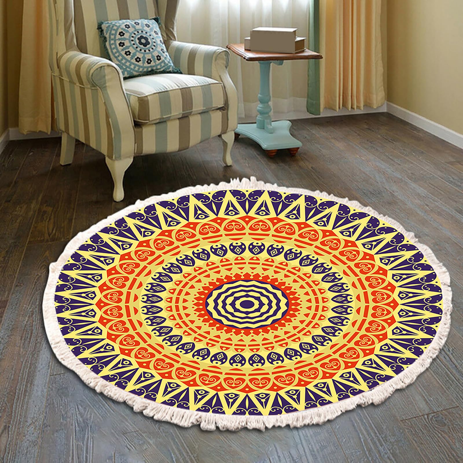 Tapis rond bohème lavable vintage pour une chambre cosy et un salon chaleureux