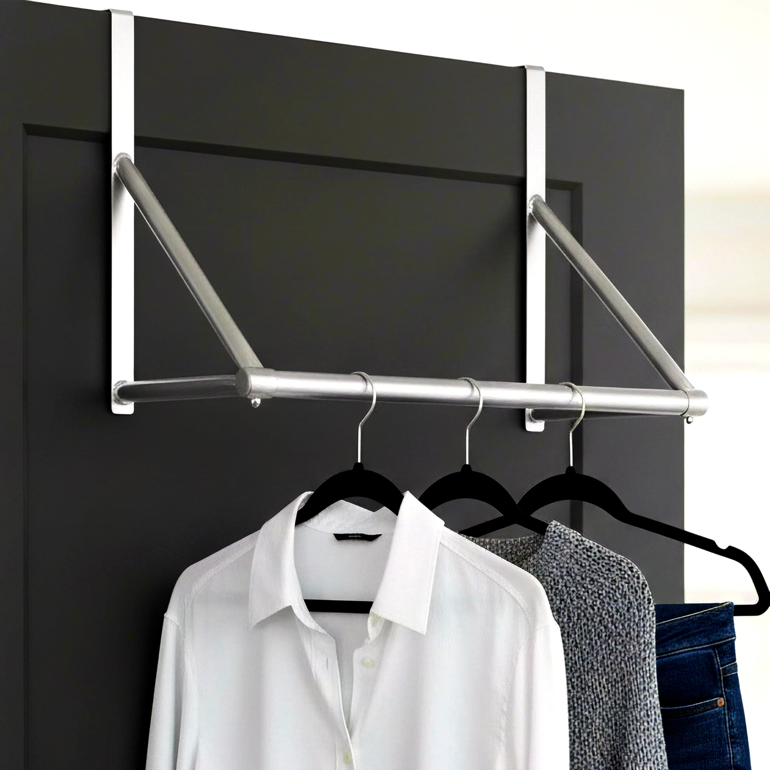 GEEZY Over Door Hanger Rail - Stainless Steel Clothes Storage Rod, Portable Hanging Bar & Drying Rack for Tops, Jeans, Jackets, Shirts & Coats - Steaming Station Organizer Fits Standard Doors