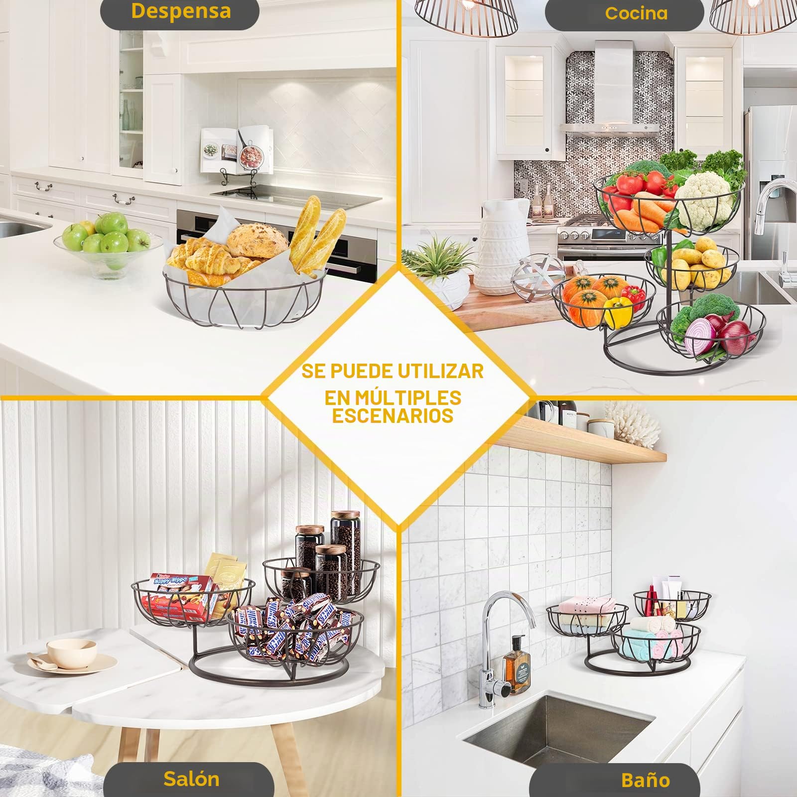 Bomclap Cesta de frutas con 4 niveles, frutero de metal para encimera de cocina, cestas de frutas extraíbles de 4 pisos, almacenamiento de frutas y verduras para pan, aperitivos, verduras (marrón)