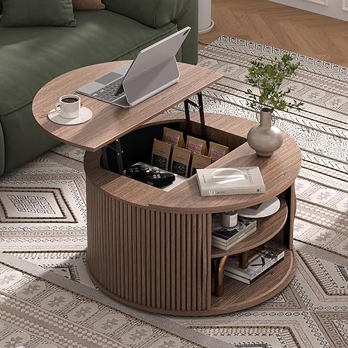 Miniatura 20 de SULIVES Mesa de centro redonda con almacenamiento, mesa de centro moderna de mediados de siglo con puerta corredera, mesa central acanalada con