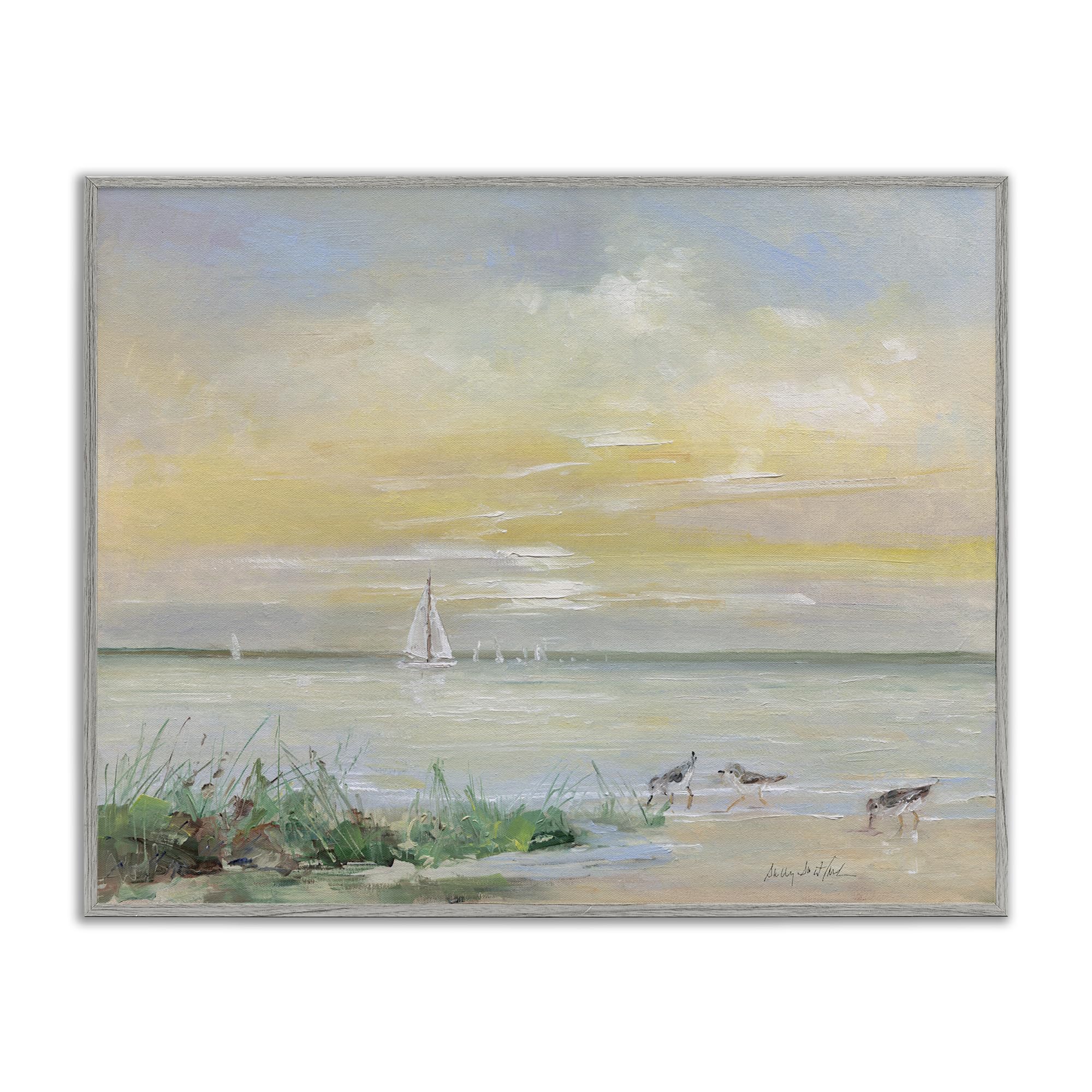 Stupell Industries Farmhouse Gray (Textured) Sailboats Sanderlings Shoreline, 24 X 30 Inch Framed Giclée Print