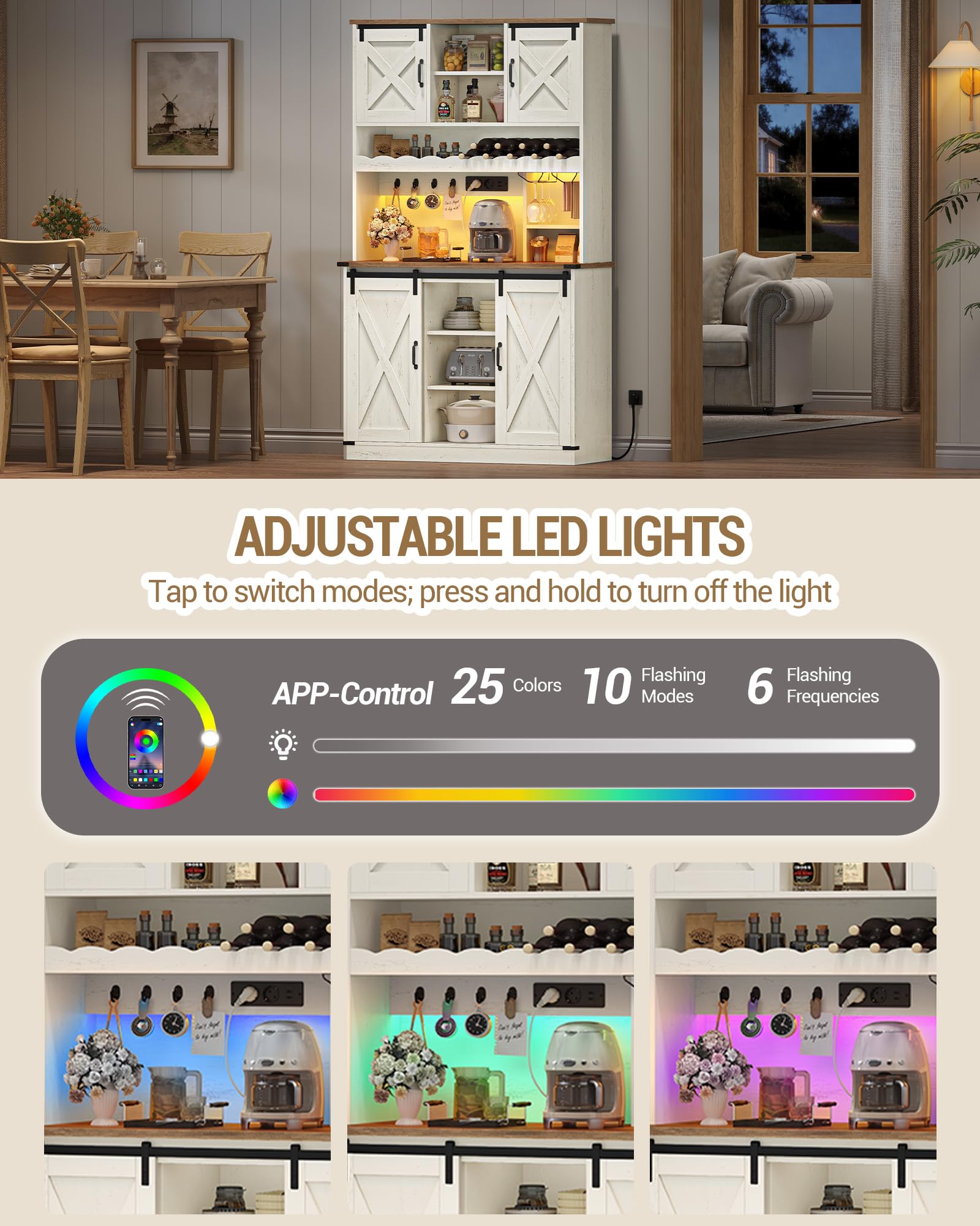 Hzuaneri Credenza Cucina, Mobile Cucina Alta con presa elettrica e LED