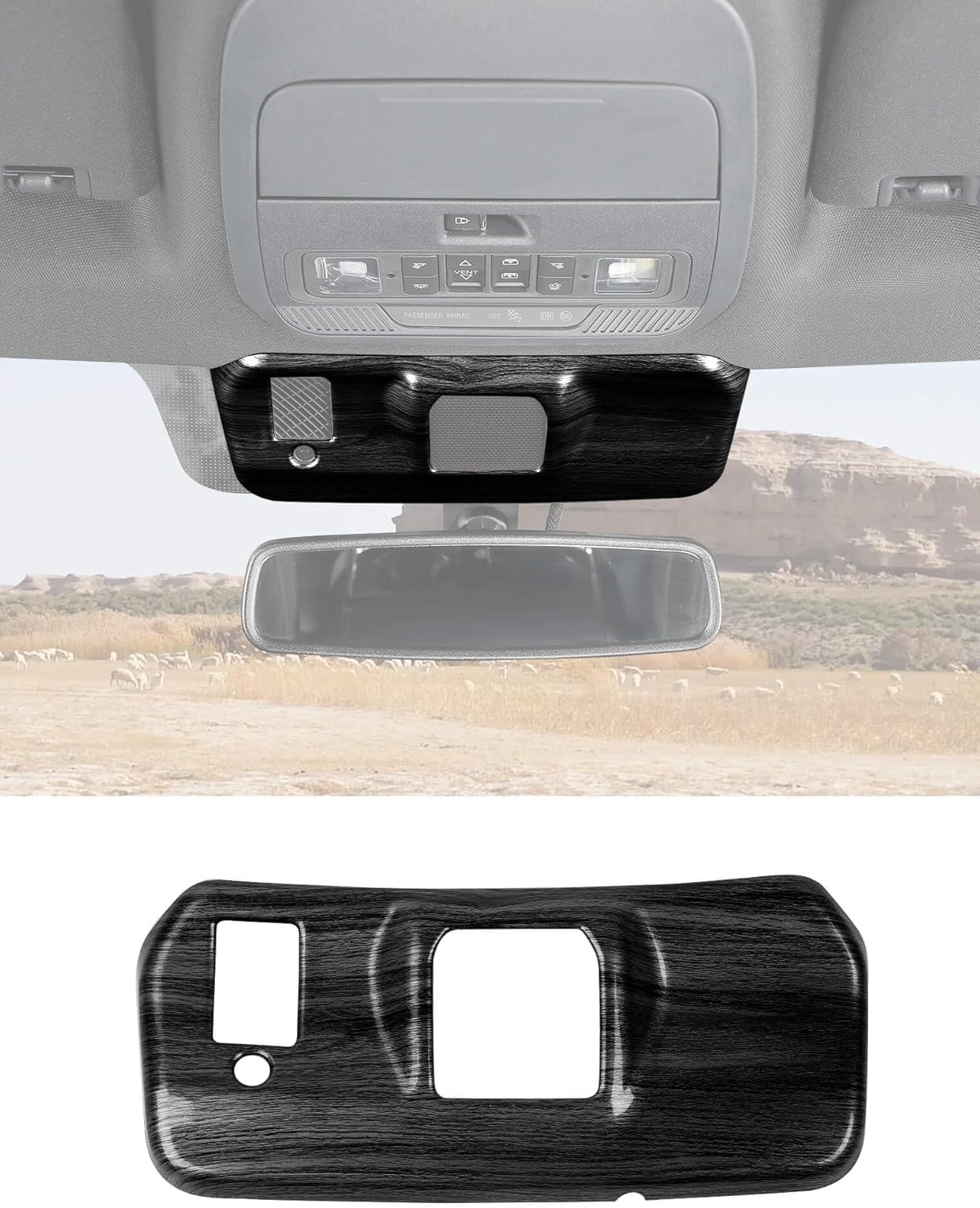 Savadicar Rear View Mirror Mount Cover for 2021-Present Ford F150, Black Wood Grain Finish Mirror Base Overlay Accent, Interior Decorative Accessories