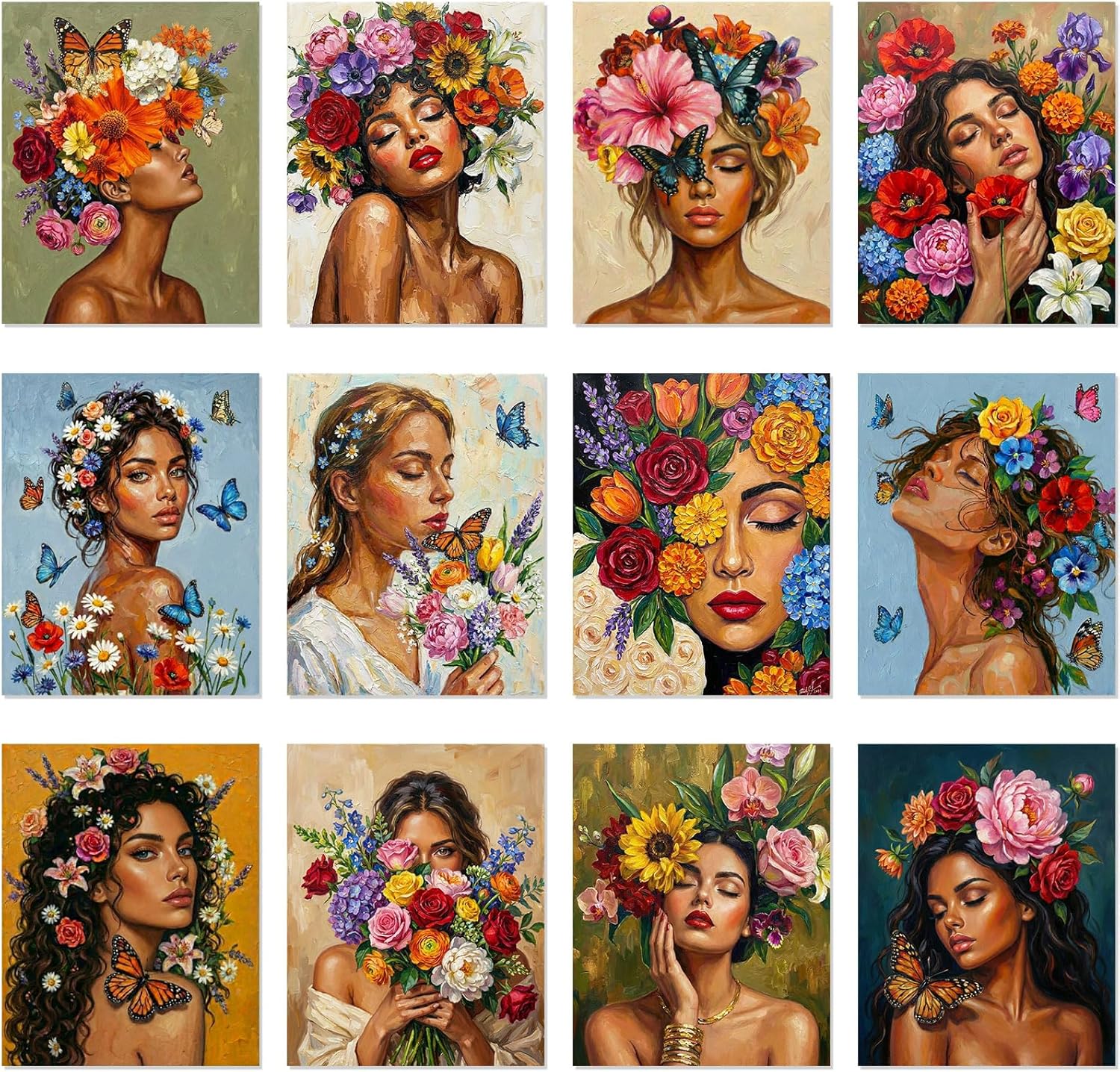 Ctosree 12 Pcs Pre Drawn Canvas for Painting Adults Sip and Paint Party Kit Pre Printed Canvas Bulk for Date Night Bridal Shower Graduation and Art Party Favors(Floral Portraits,8 x 10 Inch)