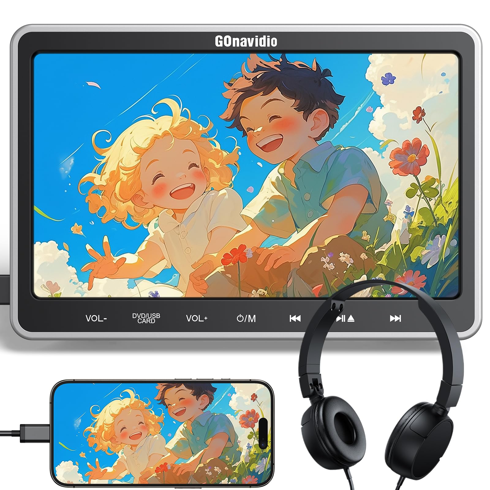 GOnavidio 10,5 Zoll DVD Player Auto Kopfstütze mit HDMI-Eingang, Kopfhörer, Halterung, Auto Fernseher TV Monitor Rücksitz Für Kinder unterstützt Sync Screen, AV EIN- und Ausgang ohne Akku