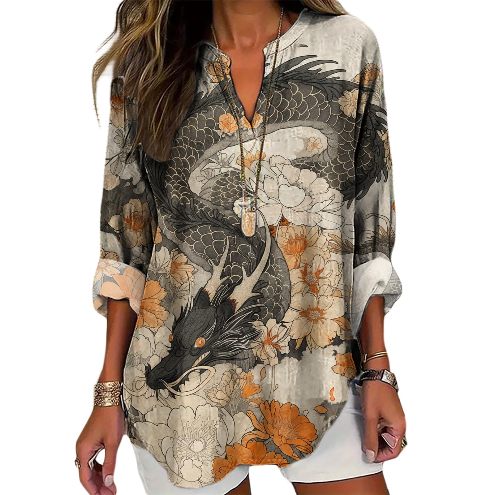 MARSVOVO Womens Blouses Long Sleeve Unique Art Print V Neck Flowy Tops Causal Shirt for Women