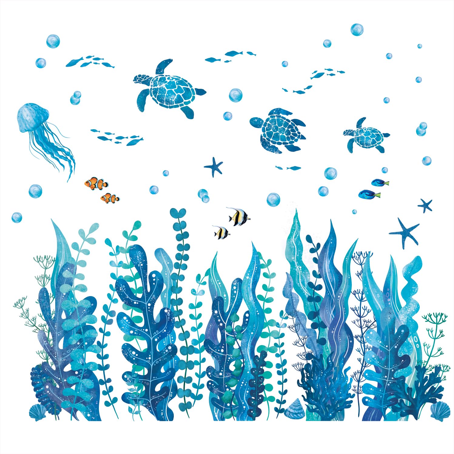 DECOWALL DS12-8084 Under The Sea Seaweed Wall Stickers Fish Turtle Ocean Grass Jellyfish Wall Decals Baby Nursery Kids Bedroom Bathroom Wall Décor
