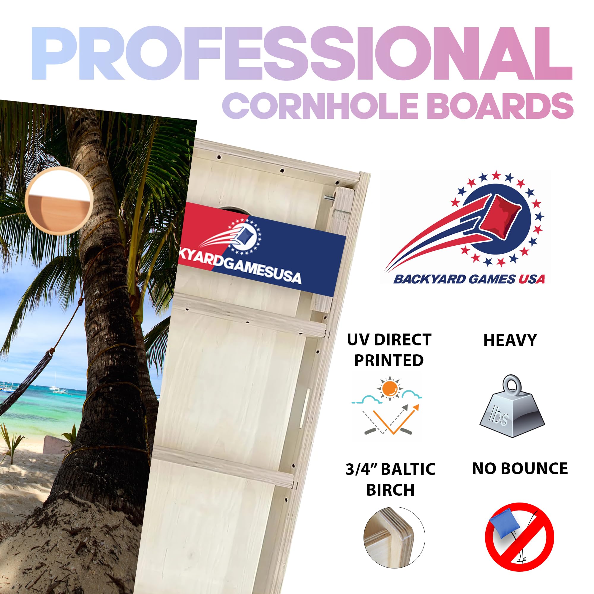CornholeGamesUSA Pro Cornhole Boards Set | Made in USA | 3/4 Baltic Birch | No Bounce | Triple Thick Legs | Two Brace & Handles, Tournament 2x4 Regulation Set with Score Tower & Cornhole Bags