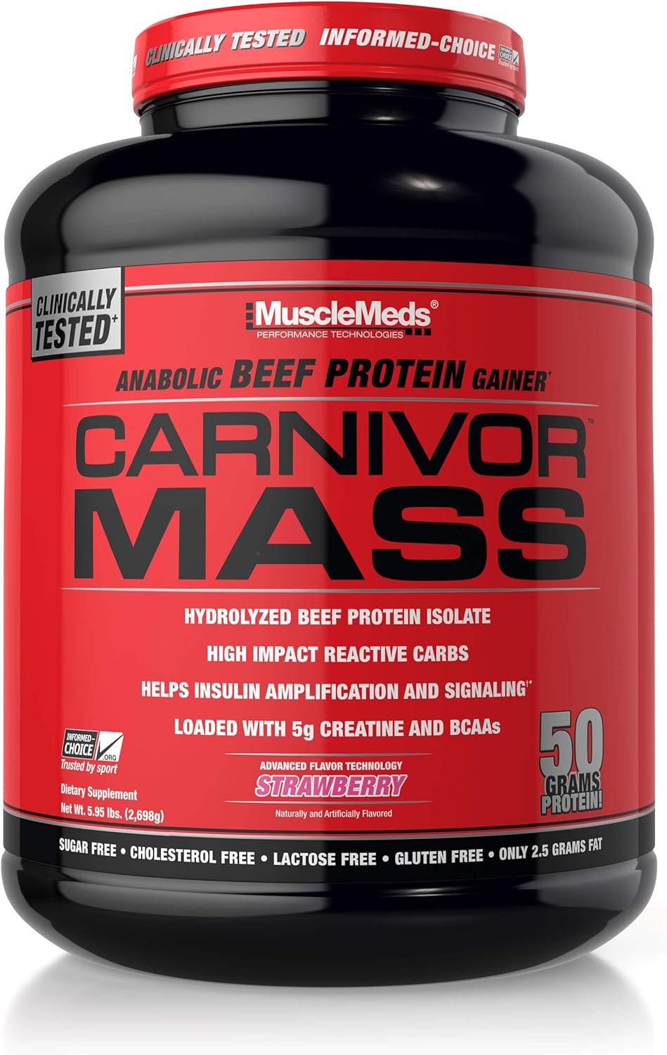 MuscleMeds Carnivor Mass Anabolic Beef Protein Gainer, Strawberry, 6 Pound : Health & Household