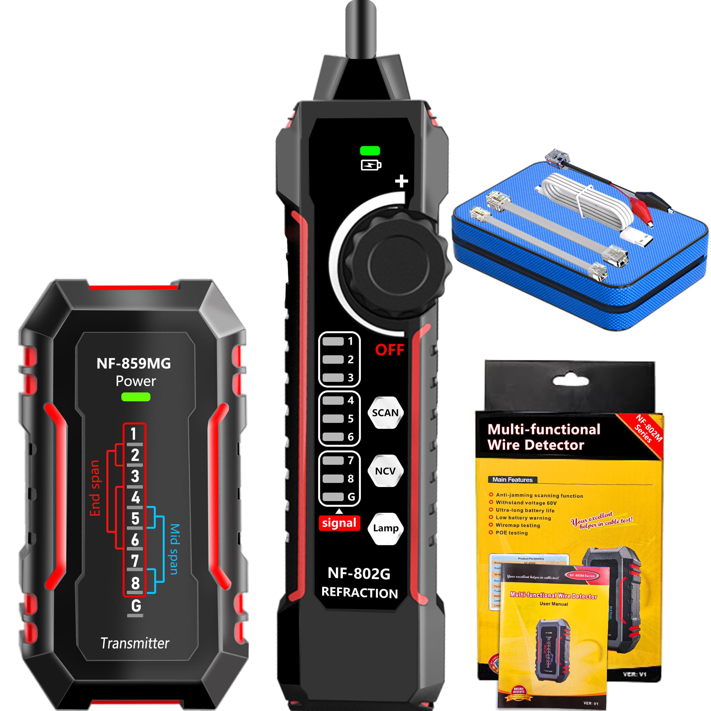 Netzwerkkabel-Tester, Ethernet-Kabel-Tester, Leitungsfinder, Tongenerator, Kabel-Tracer, NCV/LAN/POE/RJ45/RJ11/Cat5/Cat6/Cat3-Netzwerke, Kabelprüfung und Telefonleitungsprüfung NF-802MG