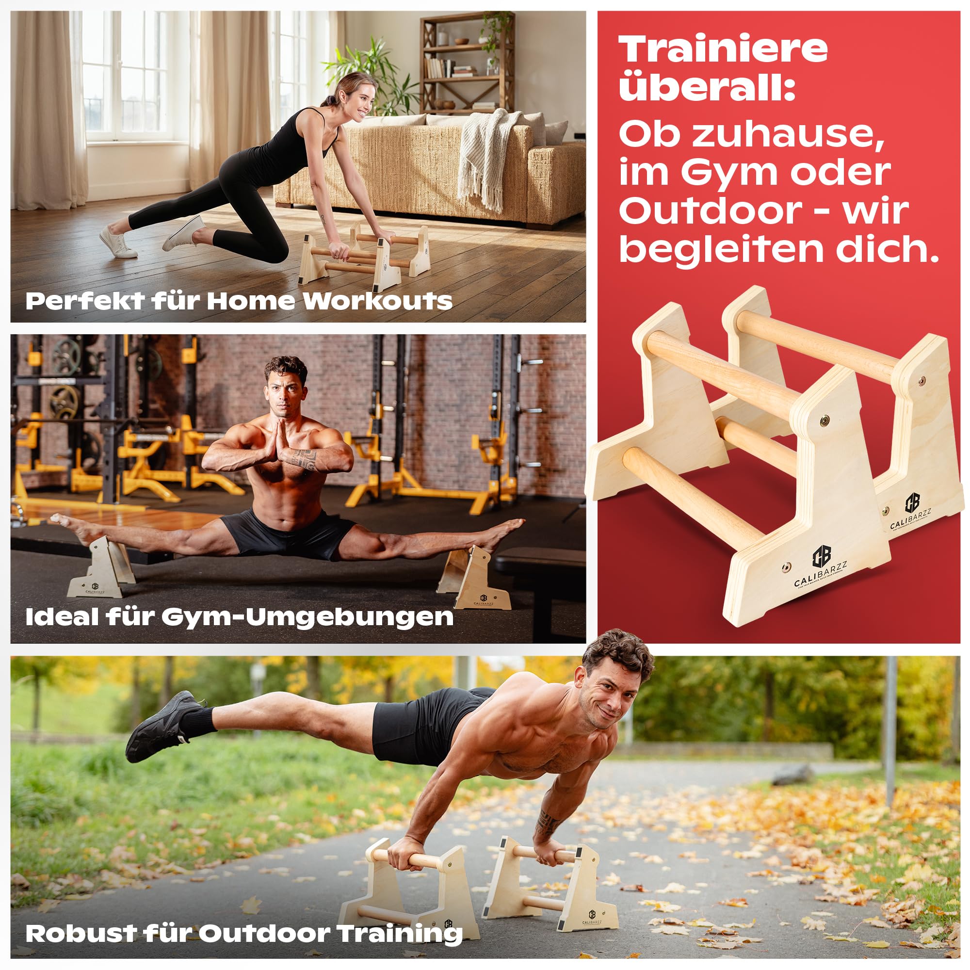 Calibarzz Parallettes & Liegestützgriffe aus Holz [3 Höhen] Push up Bars - Handstand Griffe - Dip Bars | Calisthenics Equipment für Home Workout und Outdoor