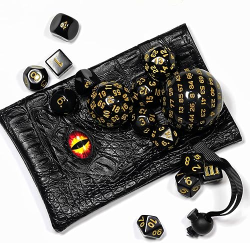 Miniatura 2 de Juego completo de 15 dados poliédricos DND D3-D100 con bolsa de dados de ojo de dragón, dados D100 para juegos de mesa RPG (negro con números