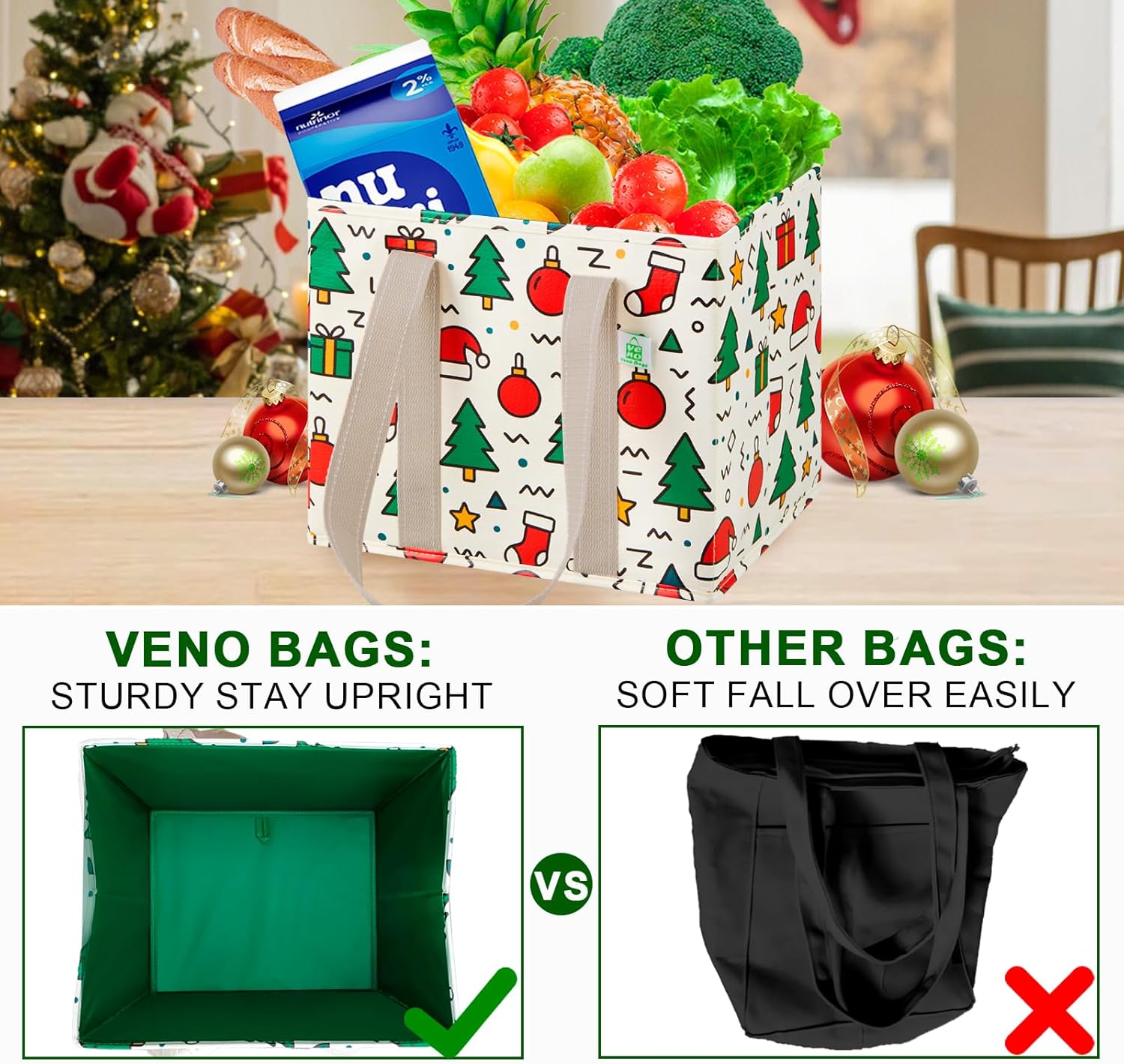 VENO 3 Pack Christmas Reusable Grocery Bags, Shopping Bags for Groceries, Tote with Handles and Hard Bottom, Foldable Shopping Cart Organizer, Water Resistant, Heavy-Duty (Jingle Mix, 6 Gallon) - Image 7