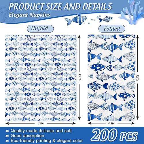 Miniatura 9 de AnyDesign - 80 servilletas de papel de pescado, acuarela, mar, océano, almuerzo, servilletas decorativas azules para cena de mano, para fiesta de