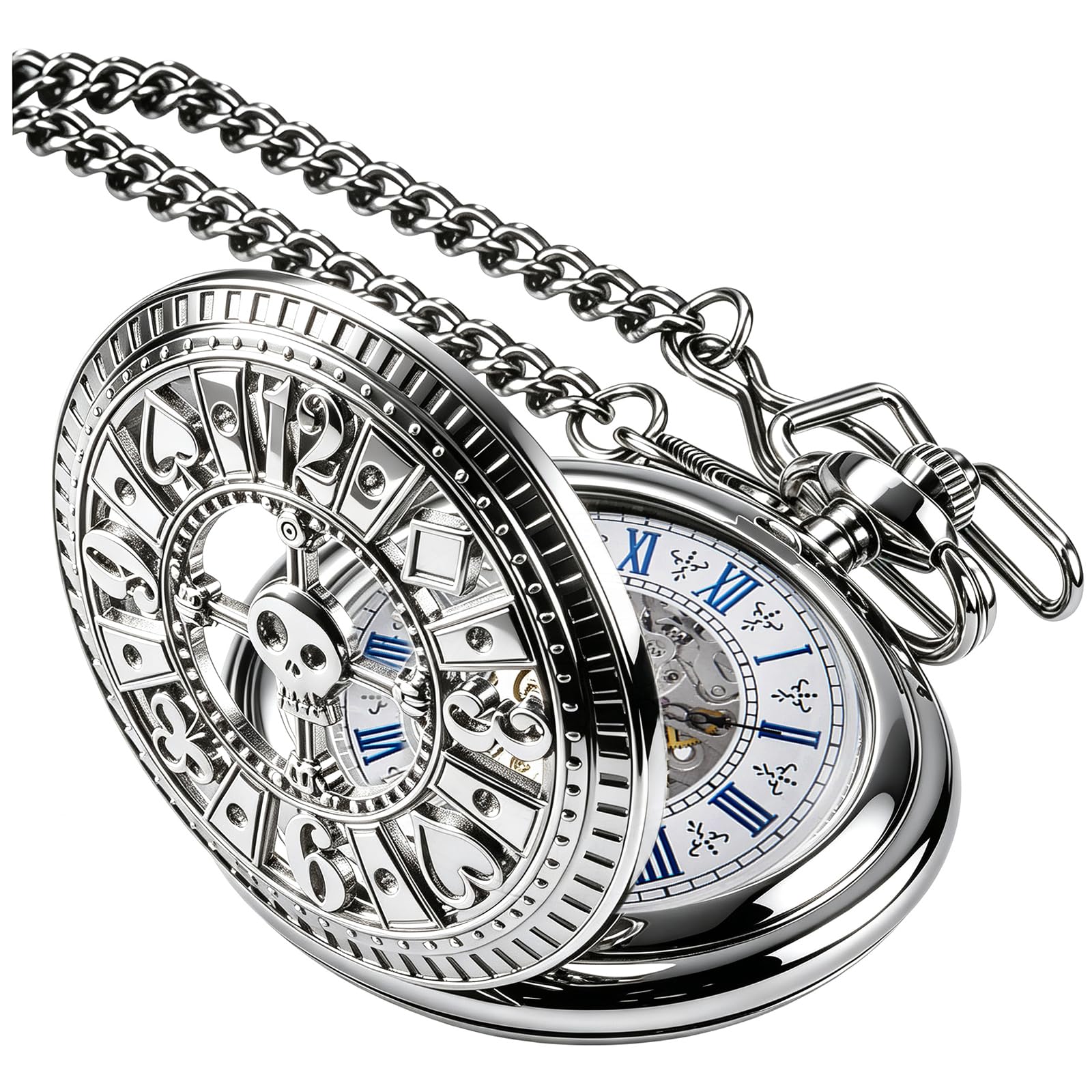 Men's Mechanical Hollow Design Hand Wind Pocket Watch Roman Numerals Steampunk with Chain Box