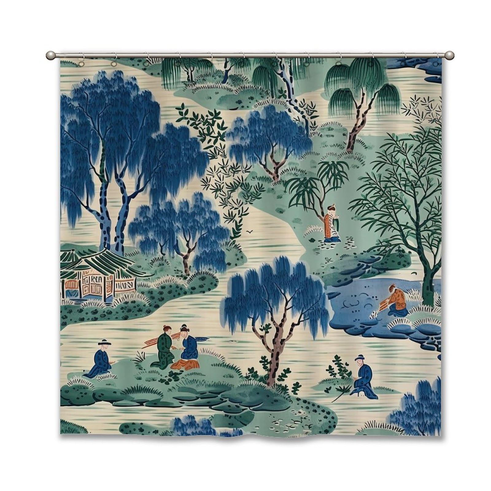 Guangpat Men's Style-11 Blue And Kelly Green Shower Curtain Asian Scenic Dynasty Chinoiserie Asian Inspired Bath Curtains Modern Shower Curtain 72X72in Polyester Fabric Bath Curtains Set With Hooks