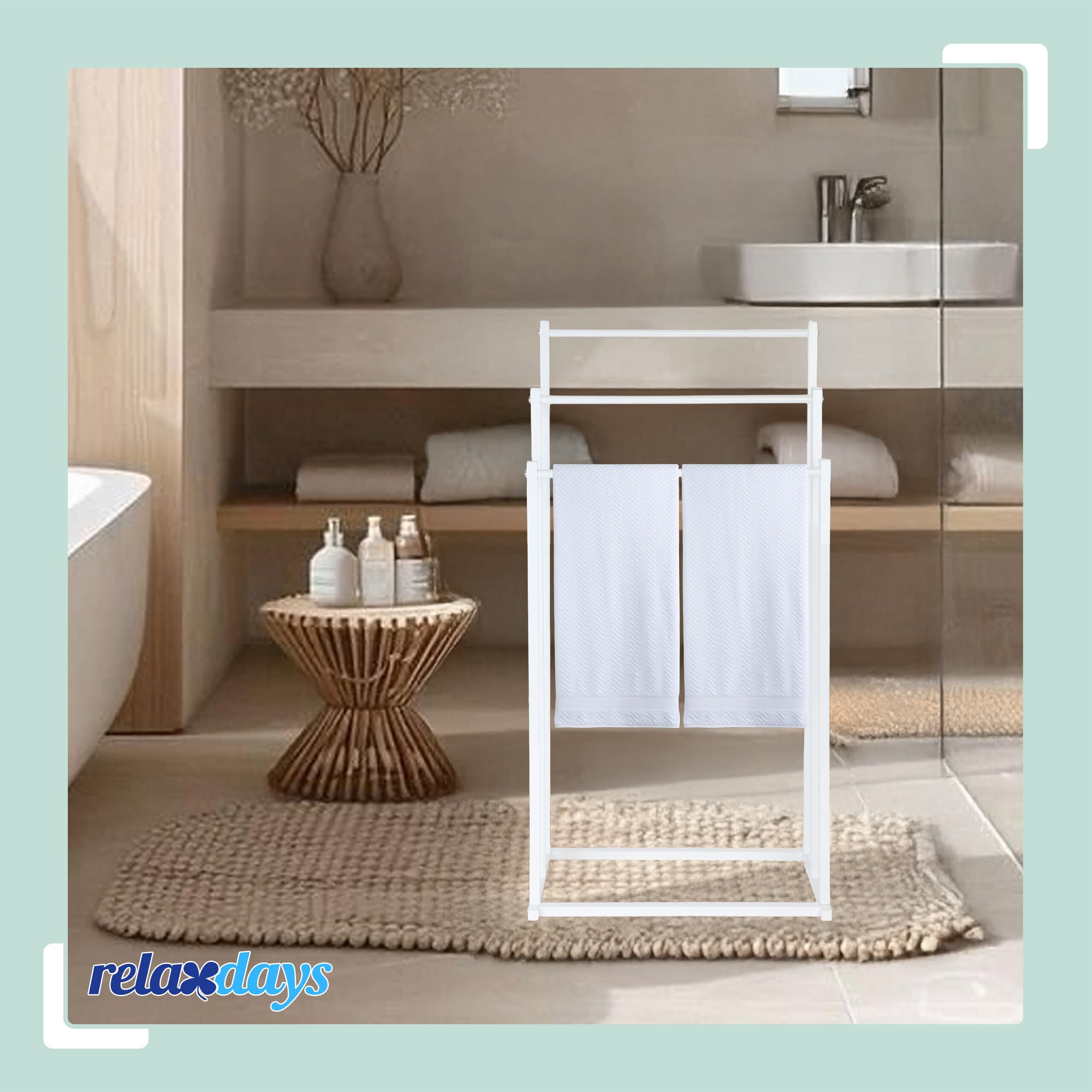 Porte-Serviettes Relaxdays, H x L x P : 86 x 44 x 21 cm, métal, 3 Barres, Salle de Bains, Porte-Serviettes Debout, Blanc