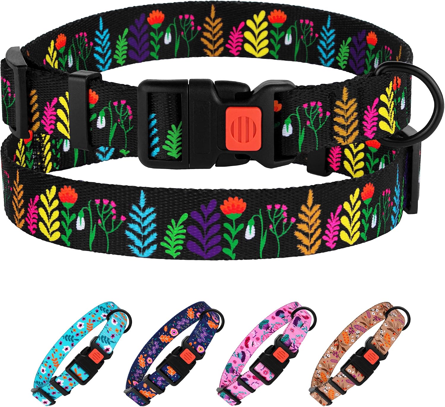CollarDirect Floral Dog Collar Nylon Pattern Flower Print Adjustable Pet Collars for Dogs Small Medium Large Puppy (Neck Fit 10"-13", Black)