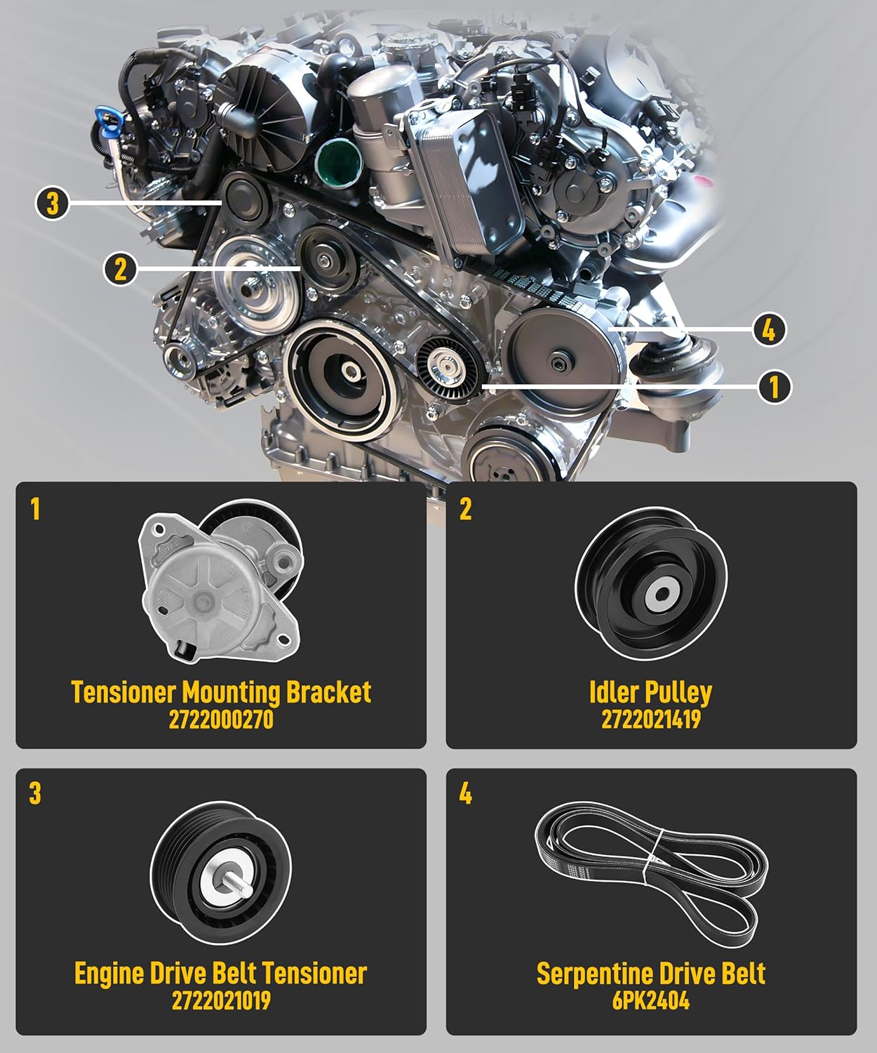 Wyckoff Engine Drive Belt Tensioner Idler Pulley Kit Serpentine Belt for Mercedes-Benz C230 C280 C300 C350 CLK350 E350 GL450 ML350 S550 SLK350 2005-2011, 2722021019 2722021419 2722000270 6PK2404