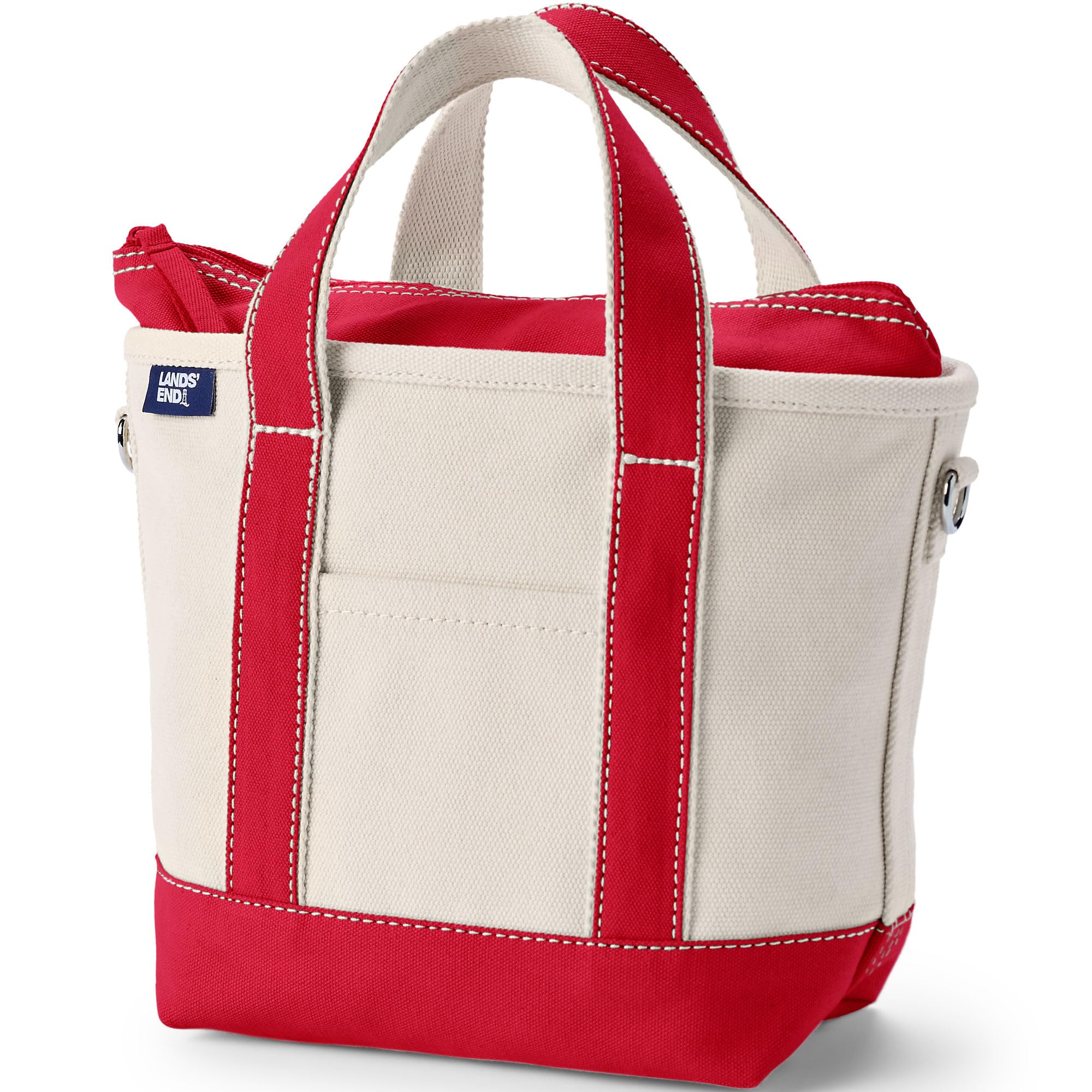 Lands' End Zip Top Canvas Tote Bag | 100% Cotton Canvas, Five Pockets, Key Strap, Water-Resistant Base, Stands Upright, Beach Bag, Travel Tote, Grocery Tote Natural/Heritage Red Large Regular Handle