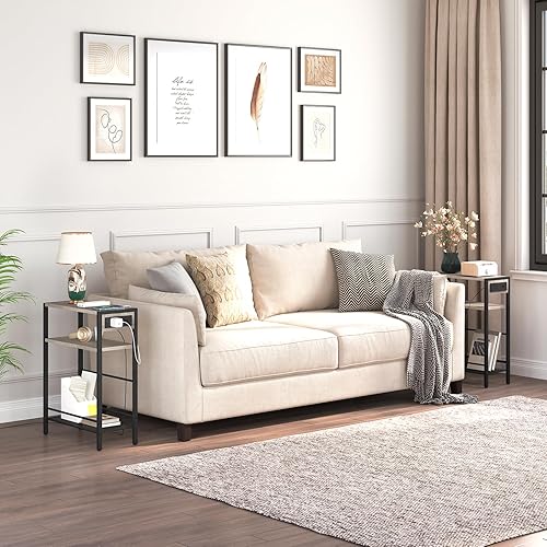 Miniatura 40 de HOOBRO Mesa auxiliar pequeña y estrecha con estación de carga, juego de 2, mesa auxiliar delgada para espacios pequeños, mesita de noche delgada con