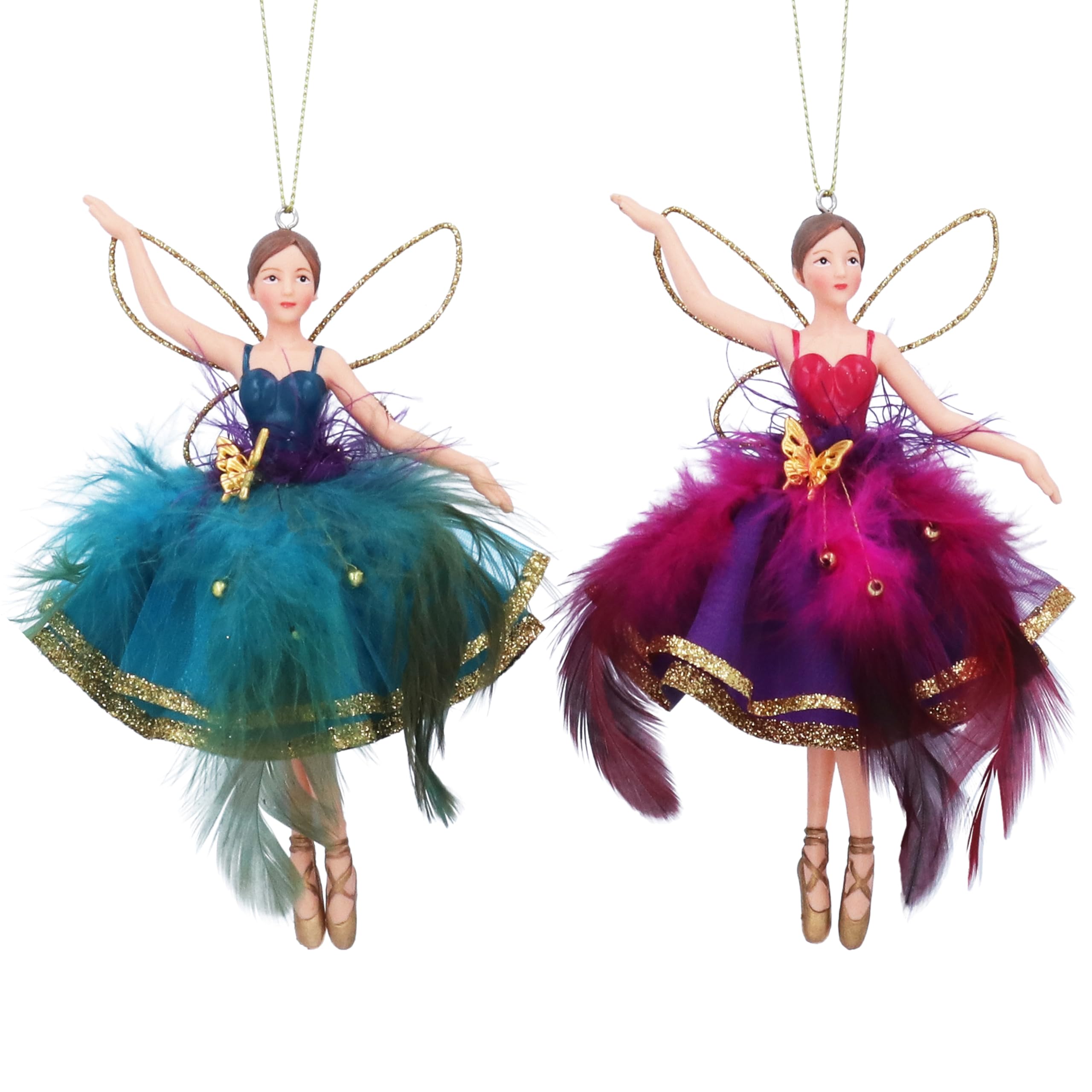 Gisela Graham Purple Resin & Fabric Teal & 15Cm Fairy With Feather Skirt Set Of 2