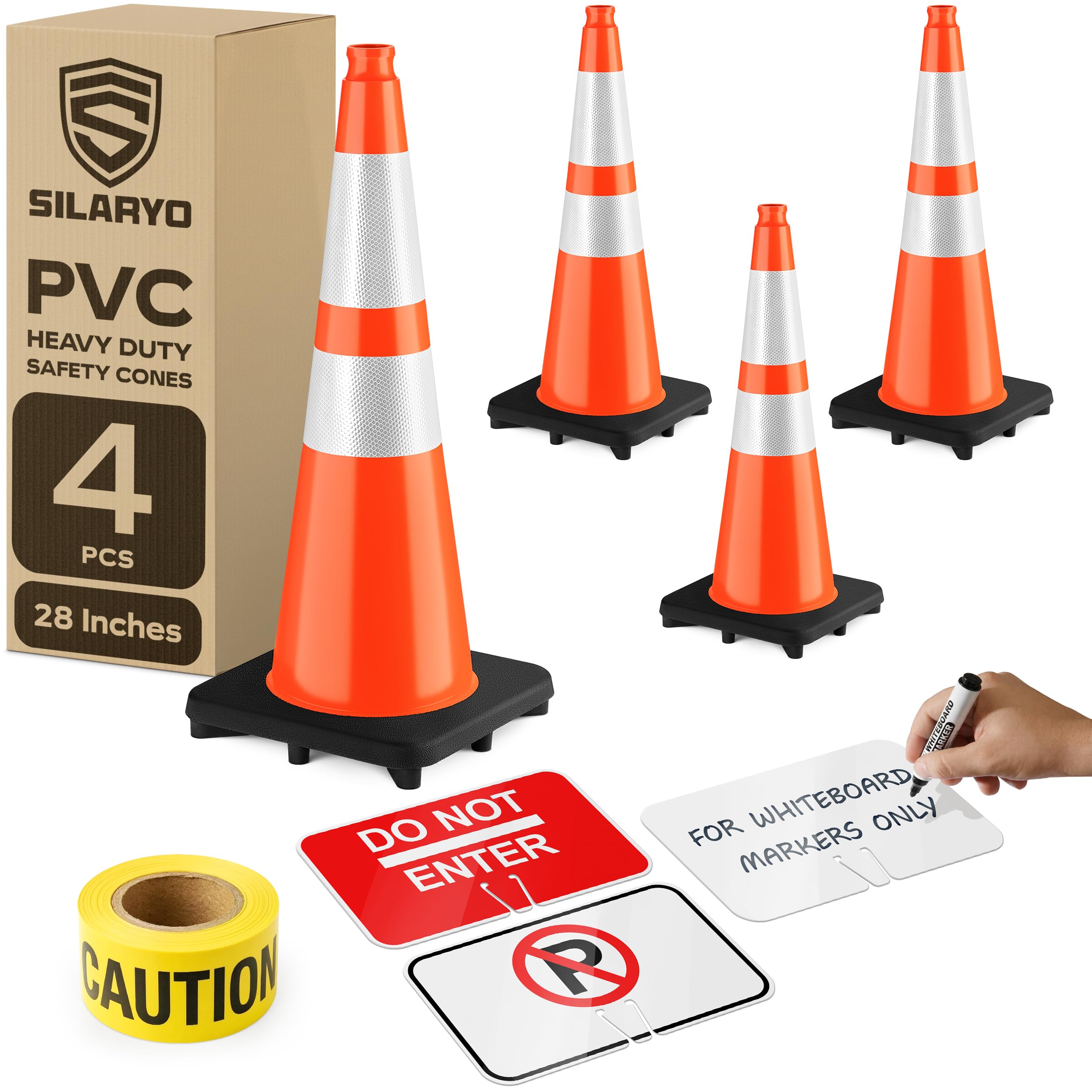 Photo 1 of (4-Pack) SILARYO 28 Inch Traffic Cones | 330-Ft Caution Tape & 3 Attach-on Signs | Heavy-Duty Orange Traffic Cones | Tall & Large Traffic Safety Cones for Construction - PVC, Anti-Skid, -20°F to 130°F