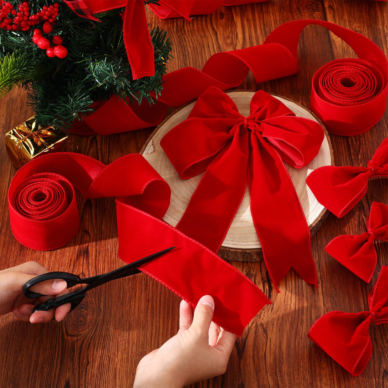 Syhood Ruban de velours de Noël avec bord doré imperméable pour décoration de couronne de Noël, nœuds, décorations florales (6,3 cm x 91,4 m, écarlate)