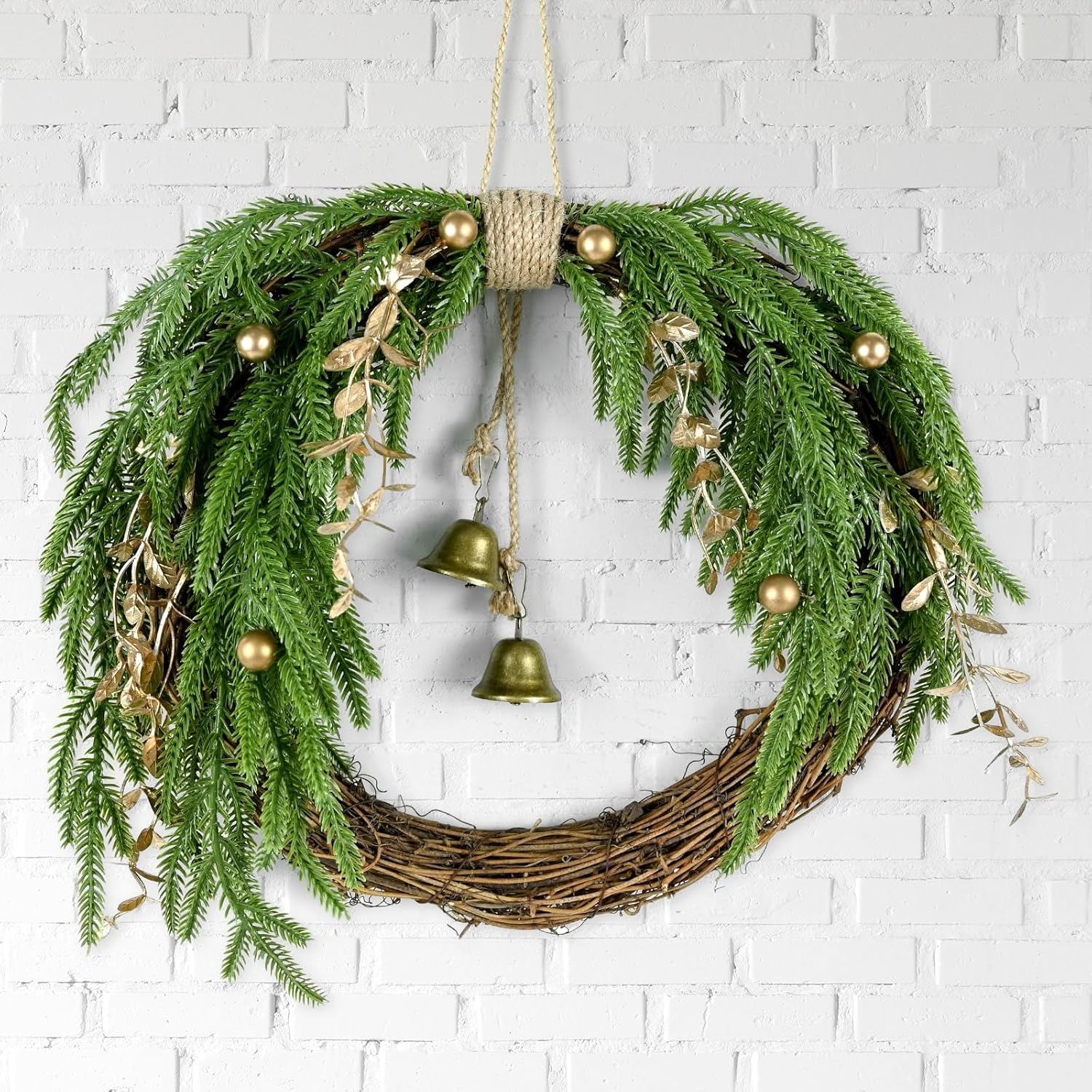 13.7'' Norfolk Pine Christmas Wreath with Bell and Gold Leaves & Perries Artificial Norfolk Pine Christmas Front Door Wreath Natural Vine Wreath for Holiday Winter Farmhouse Door Decor
