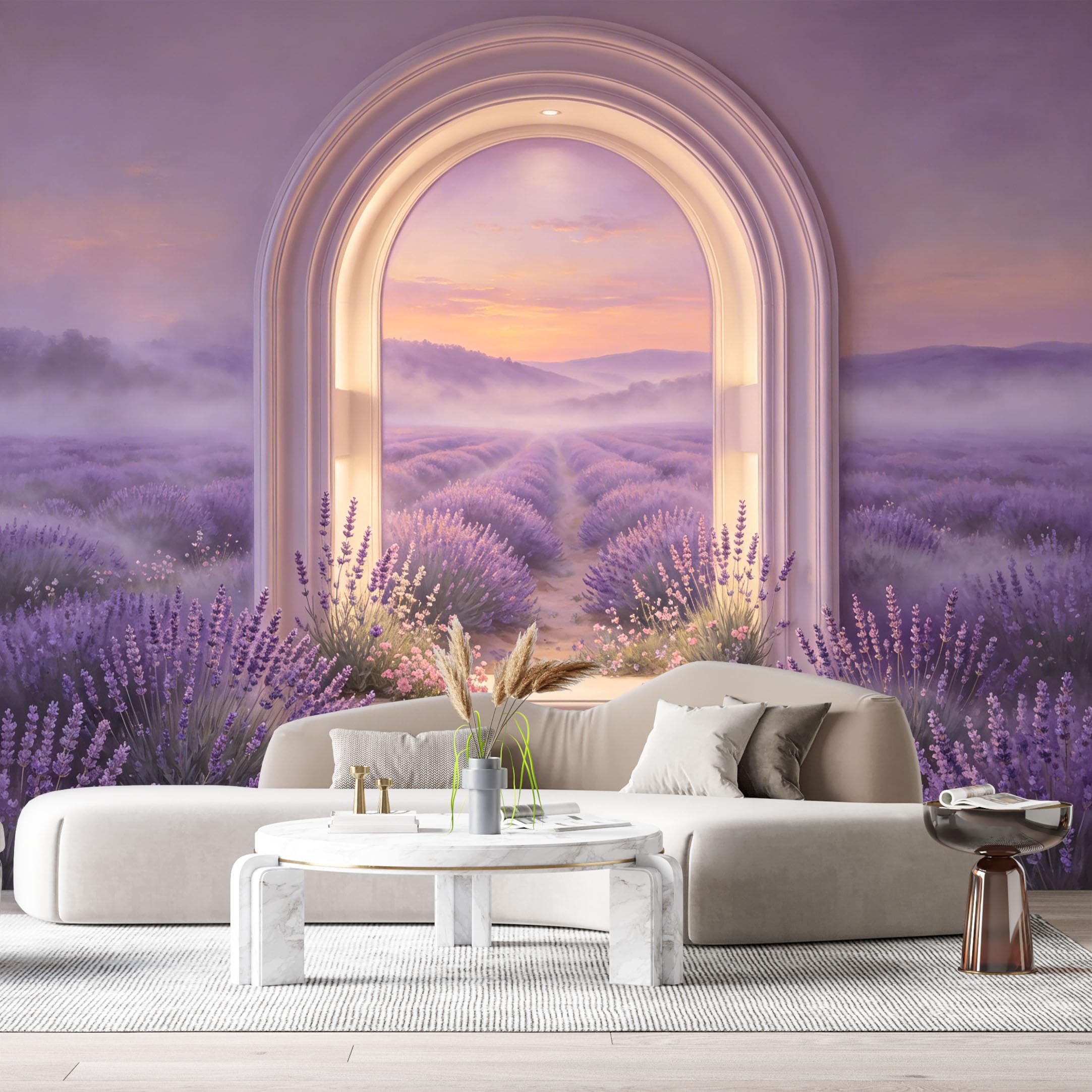 Custom Size Wall Murals Lavender Field Archway Sunset Landscape 3D Trompe L'Oeil SelfAdhesiveWall Fabric Removable Wallpaper Wall Decor for Living Room Bedroom Bathroom