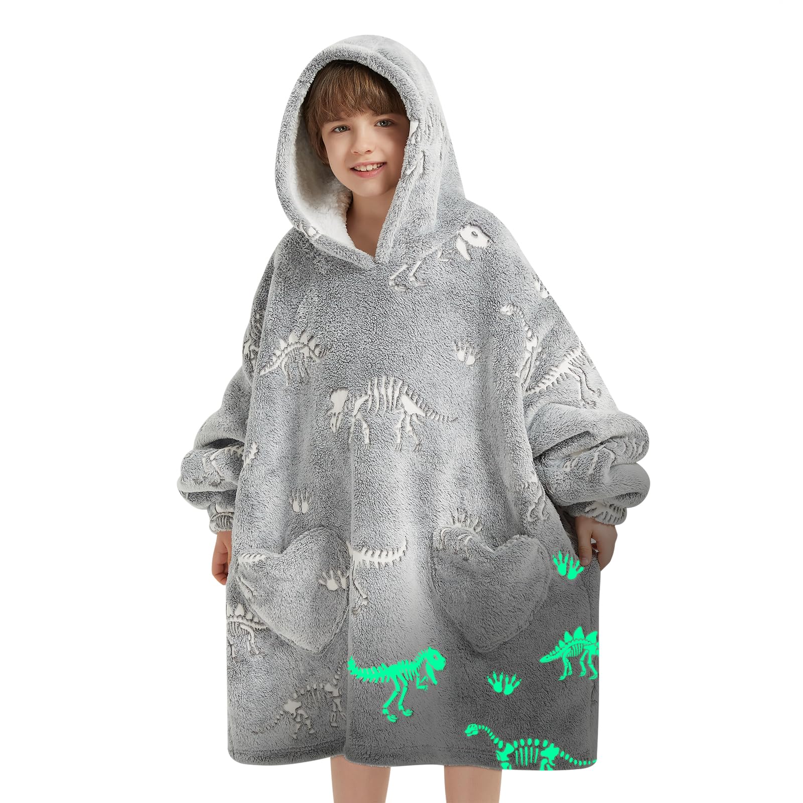 Fiosnow Glow in the Dark Dinosaur Fossil Blanket Hoodies for Kids 6-13YR Oversize Wearable Blanket Hoodies for Boys Girls Teens