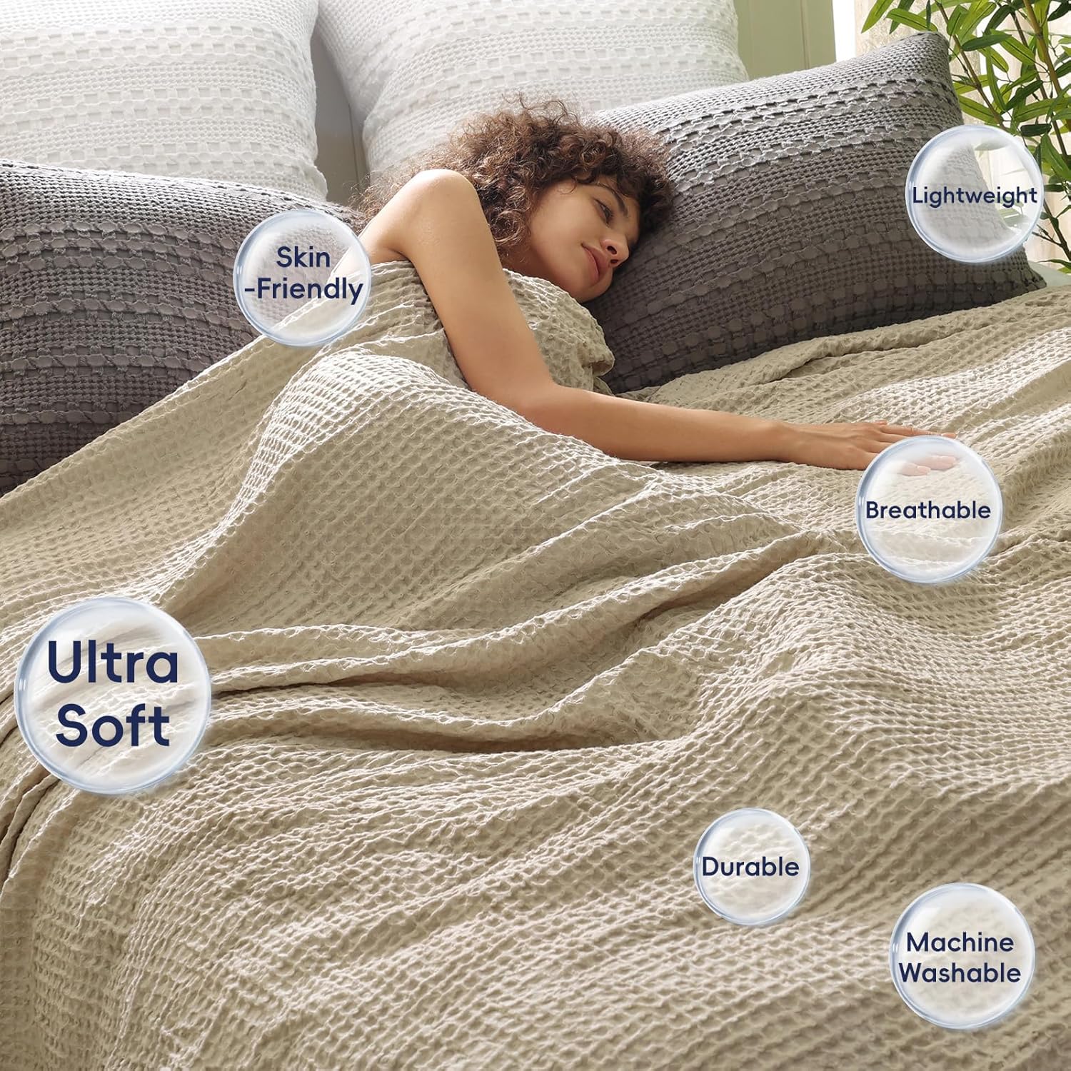 PHF Ultra Soft Waffle Weave Blanket King Size 104"x 90"- Washed Lightweight Breathable Cozy Woven Blanket for Bed - Aesthetic Decor for Couch Bedding Sofa Home Car - Khaki - Image 2