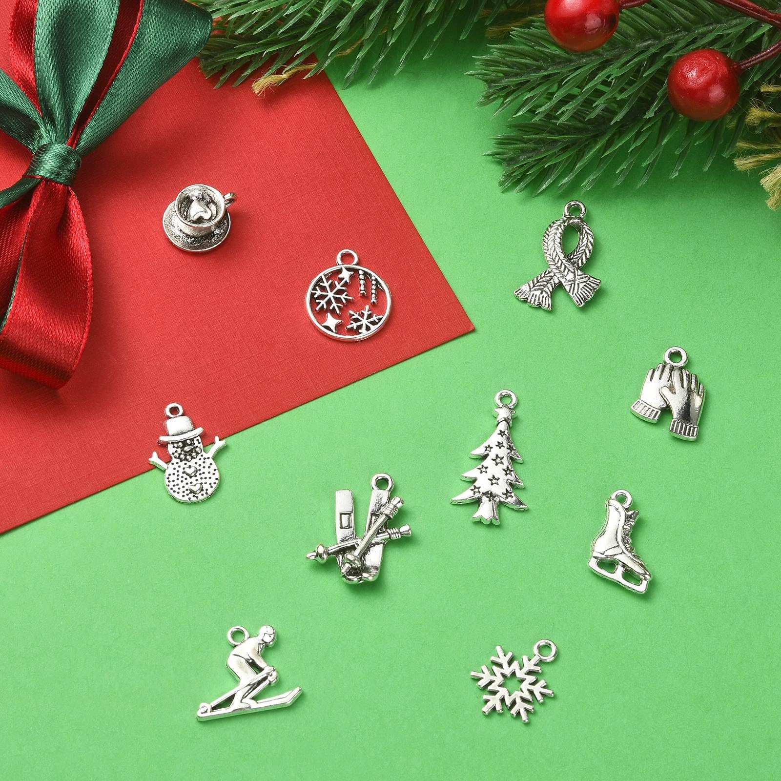 UR URLIFEHALL 50 Pcs 10 Styles Tibetan Style Winter Charms Antique Silver Ice Skates Scarf Glove Snowflake Charms for DIY Jewellery Making - Image 4