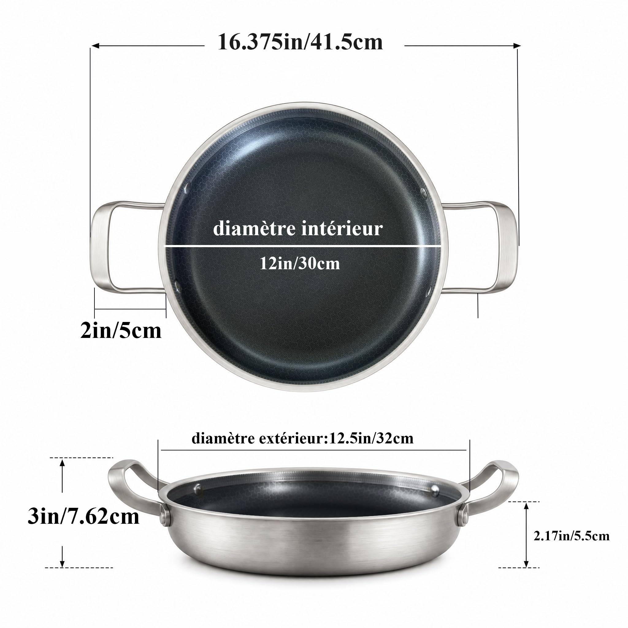 Inqibee Poêle Paella Hybride 30cm Inox, Antiadhésive Sans PFAS/PFOA | compatible induction et tous feux, Pour 3 à 5 Personnes, Nettoyage Facile,, passe au four et lave-vaisselle