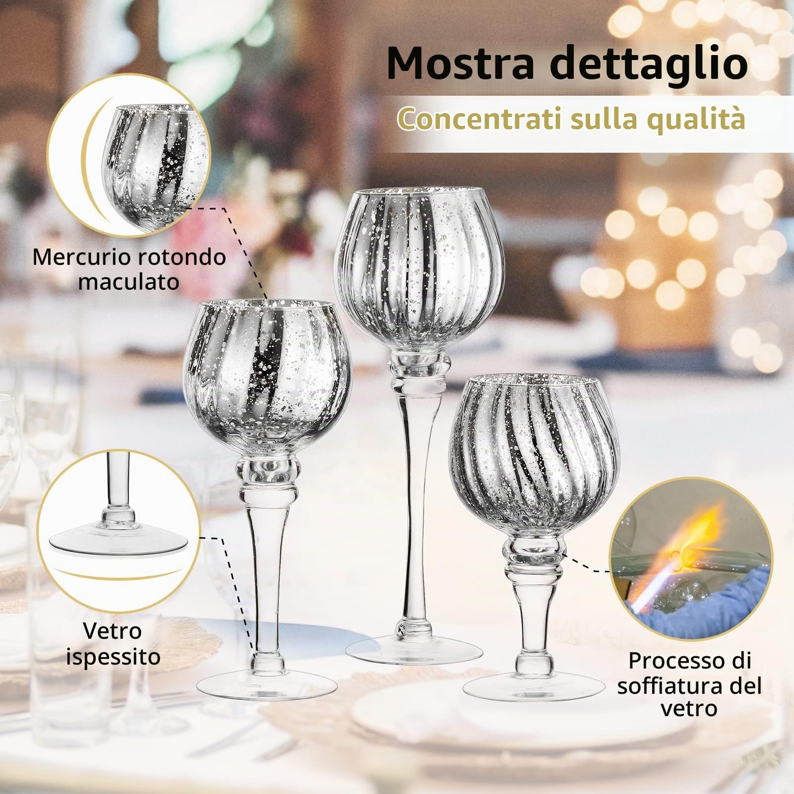 Nuptio Portacandele in Vetro 3 Pezzi Alti Portacandela al Mercurio Grande Porta Candele Argento in Vetro Lungo Stelo Pilastro Centrotavola per Festa Nozze Mantello Natale Decorazione Camino