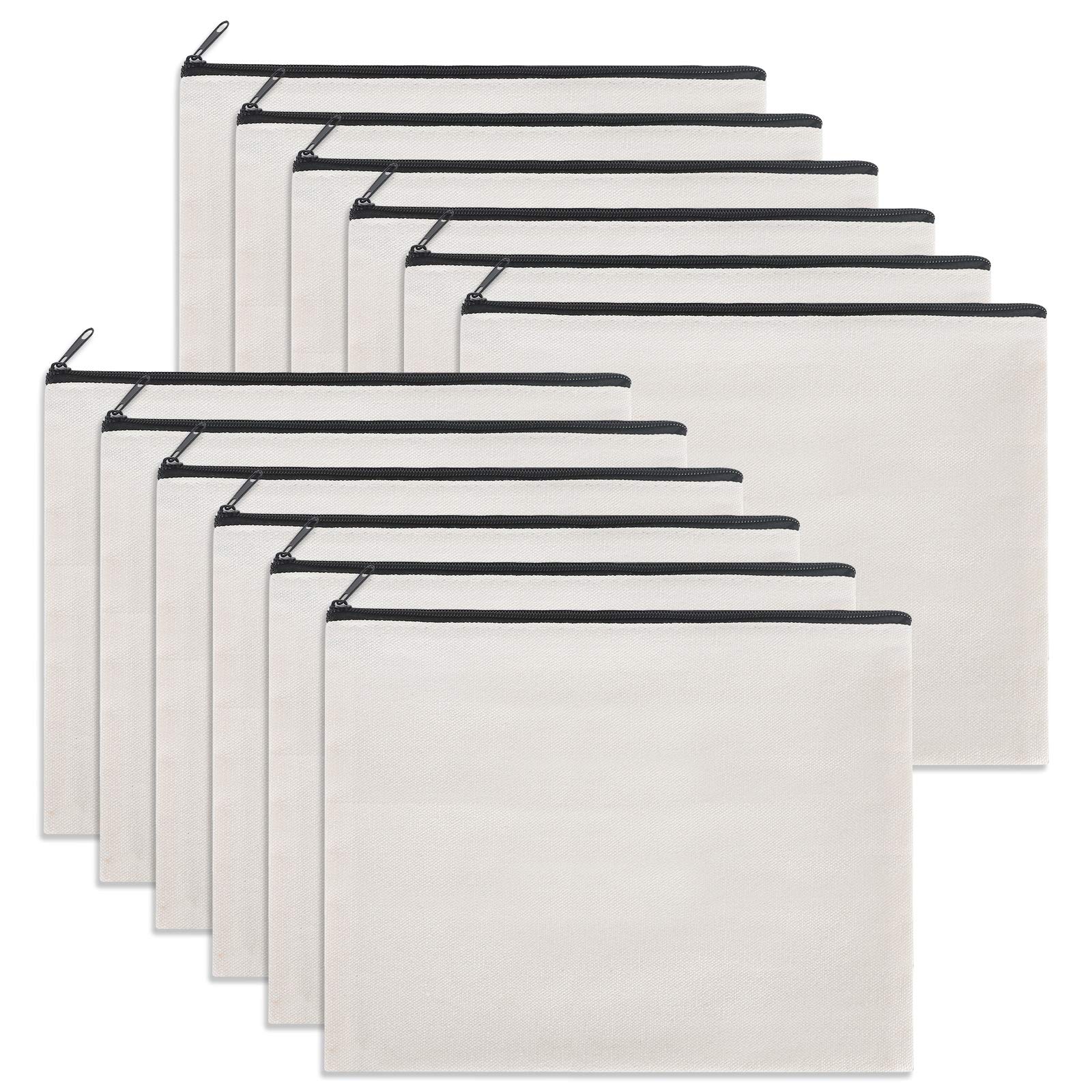 12 Pieces White Cotton Canvas Makeup Bag, Multipurpose Cosmetic Bag with Zipper Travel Toiletry Pouch, Blank DIY Craft Bag (White, L)