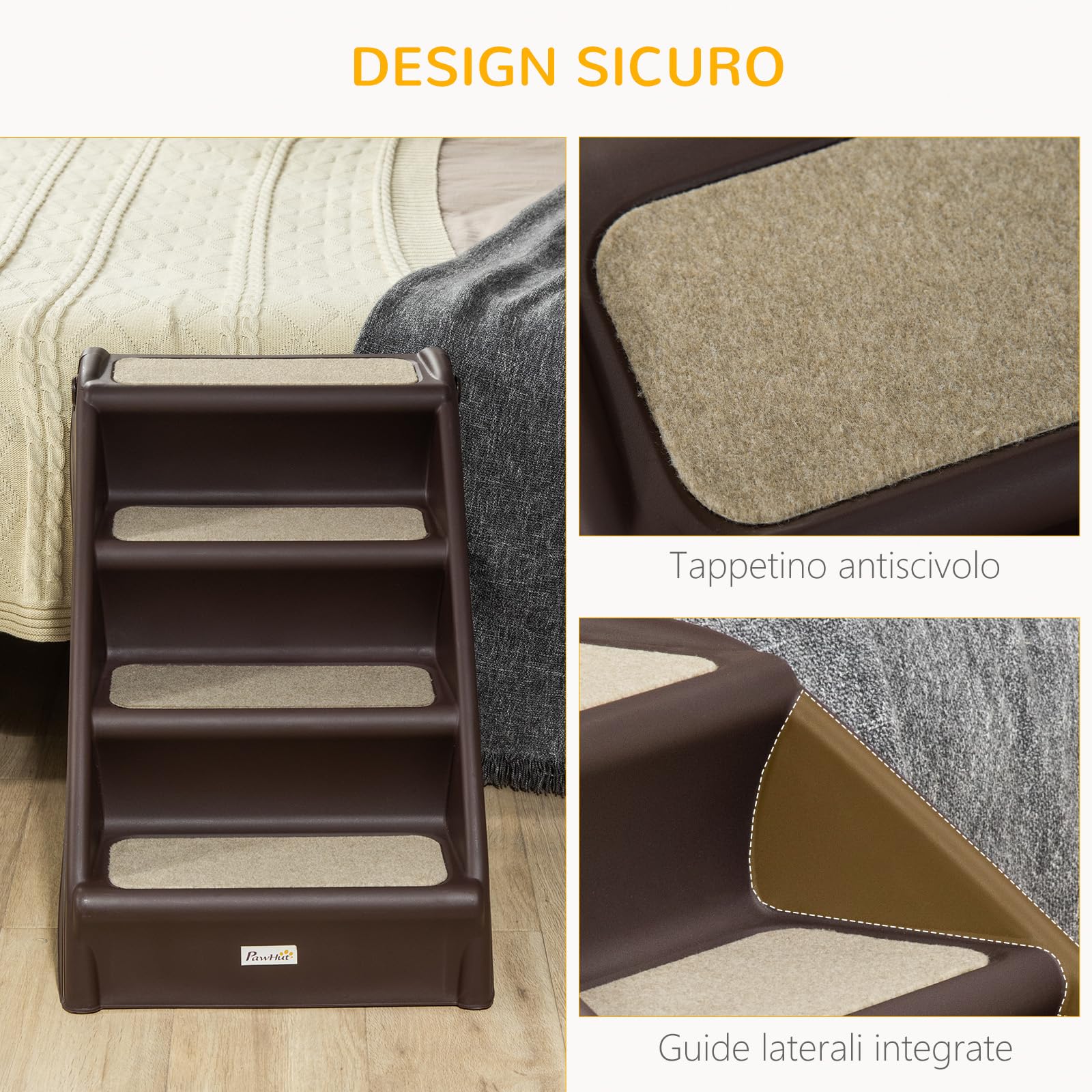 PawHut Scaletta per Cani Pieghevole con 4 Gradini Antiscivolo, Scala per Animali Domestici fino 10 kg in PP, 62x38x49.5cm, Marrone Scuro