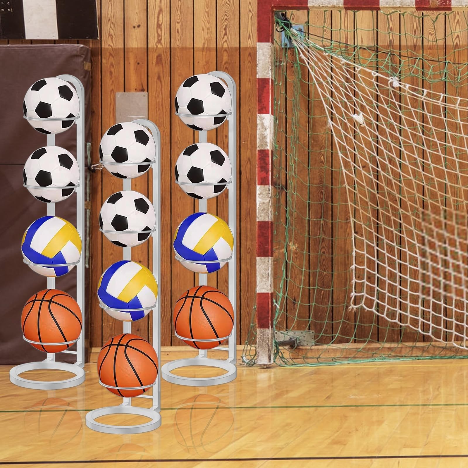 4-poziomowy sportowy stojak ekspozycyjny ze zdejmowaną kostką do koszykówki, piłki nożnej, siatkówki, trwały stojak podłogowy do przechowywania sprzętu i prezentacji