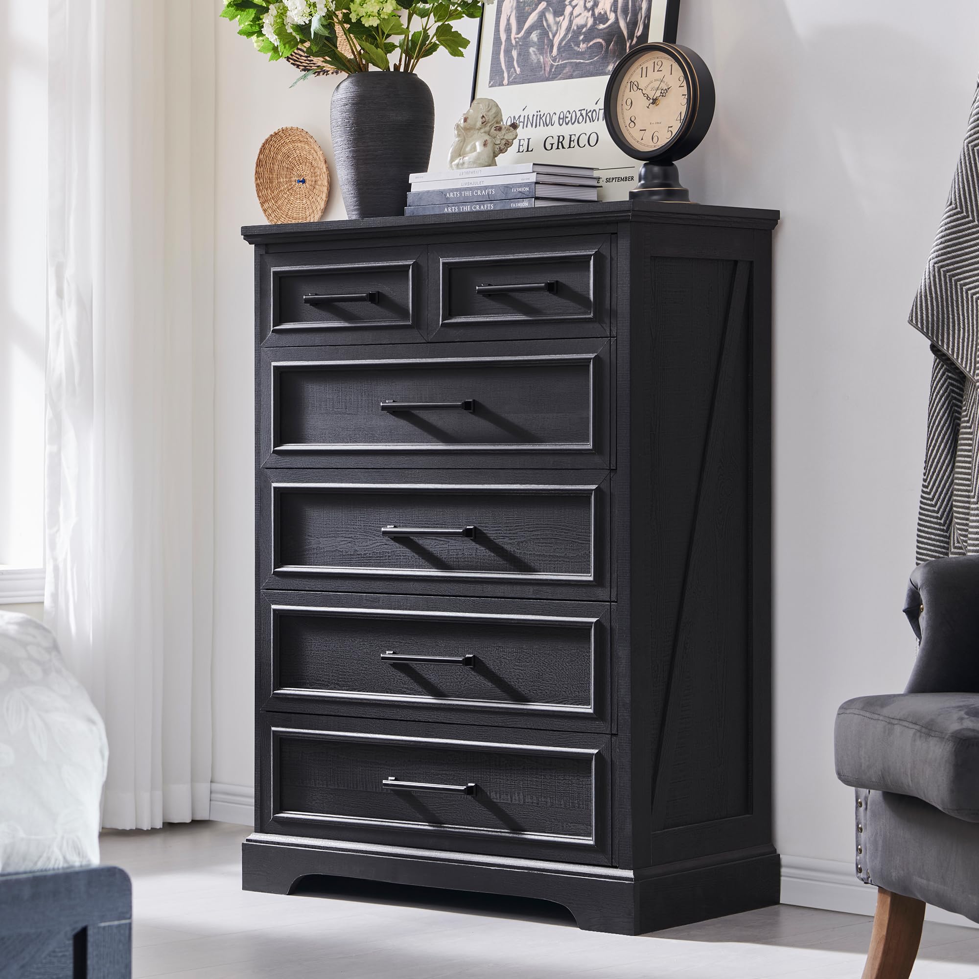 6 Drawer Dresser, Farmhouse Chest of Drawers for Bedroom, 44" Tall Dresser with Large Metal Handles, Wood Drawer Organizer for Living Room, Hallway, Closet - Black