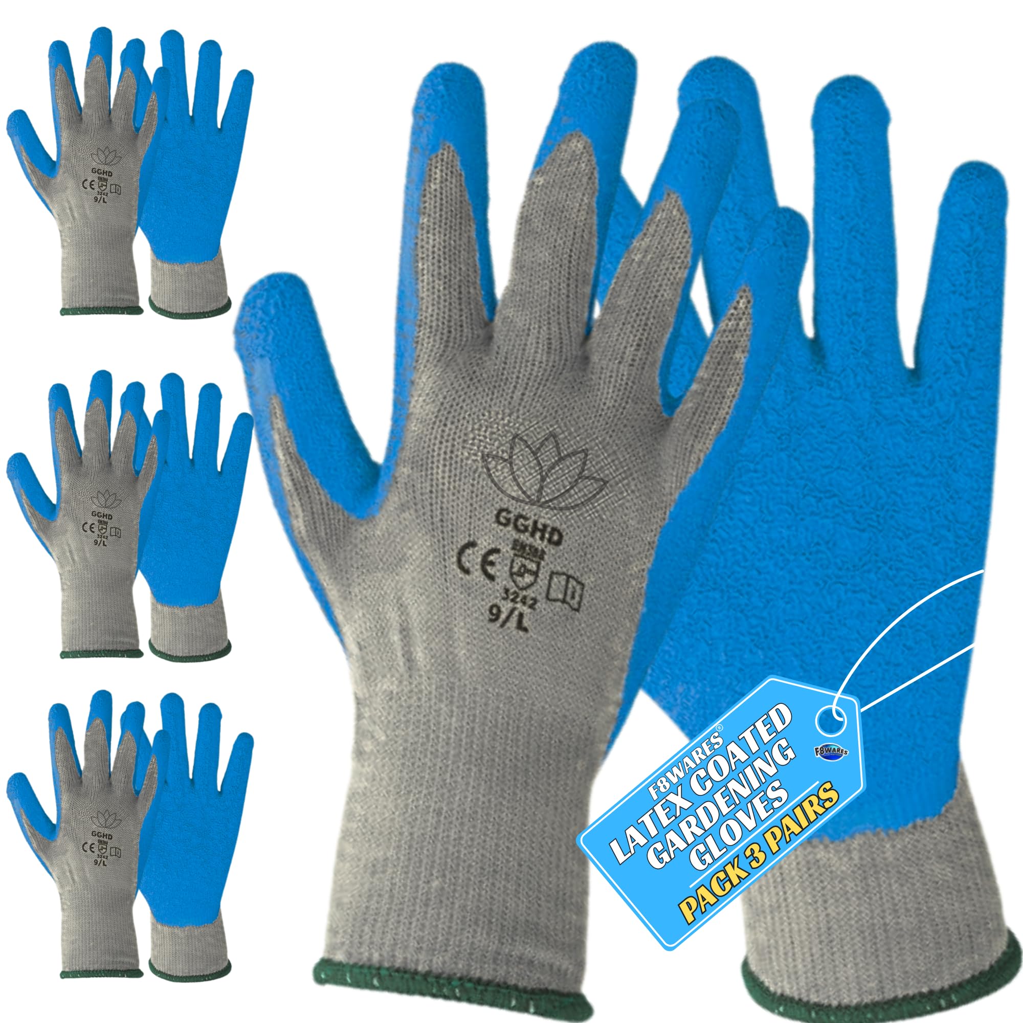 F8WARES 3 Pairs Latex Coated Cotton Garden Gloves for Gardening - Gardening Gloves - Gloves for Gardening work - Cut Resistant heavy duty gloves - Working gloves (L(Pack of 3 Pairs), Blue) (B0CP3SJQDF) Amazon Price History, Amazon Price Tracker