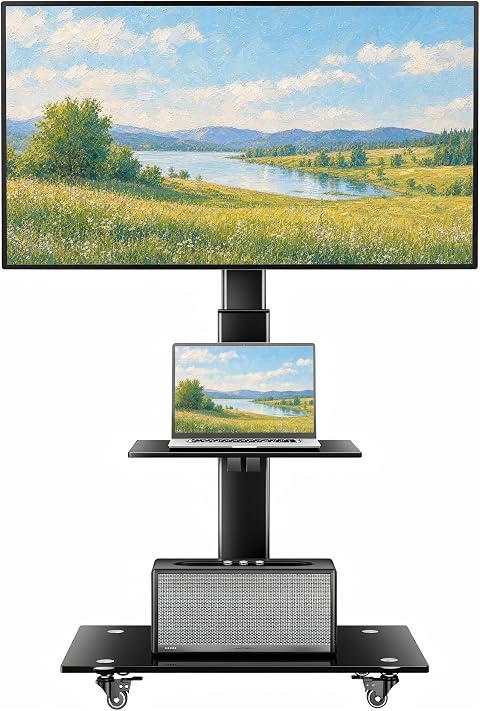 BONTEC Soporte TV Ruedas para Pantallas de 30-70 Pulgadas Plasma/LCD/LED, Soporte TV Altura Ajustable 6 Niveles, 2 Vidrio Templado, hasta 40 kg, Máx. VESA 600x400 mm, Suelo para Salon Oficina Escuela